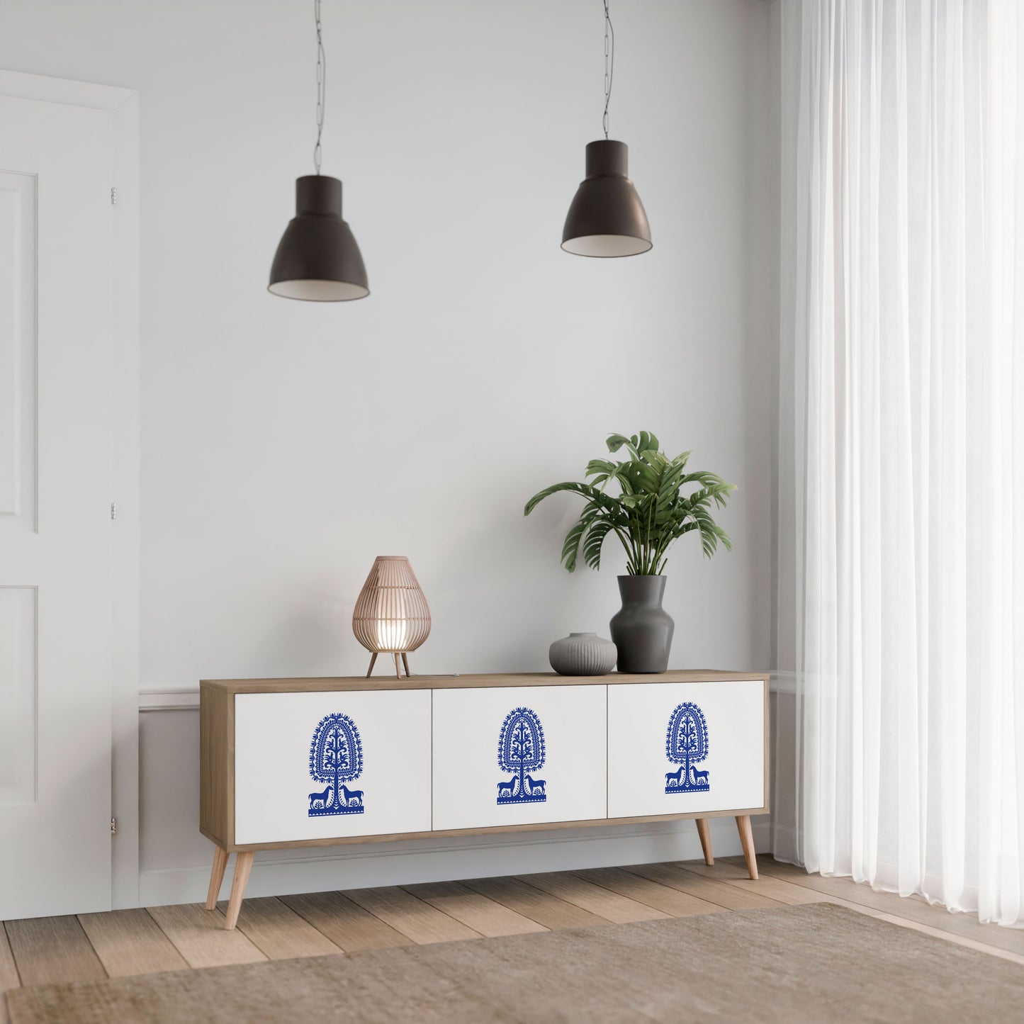 POLISH FOLK ART 3-Door TV Stand in Oak Effect