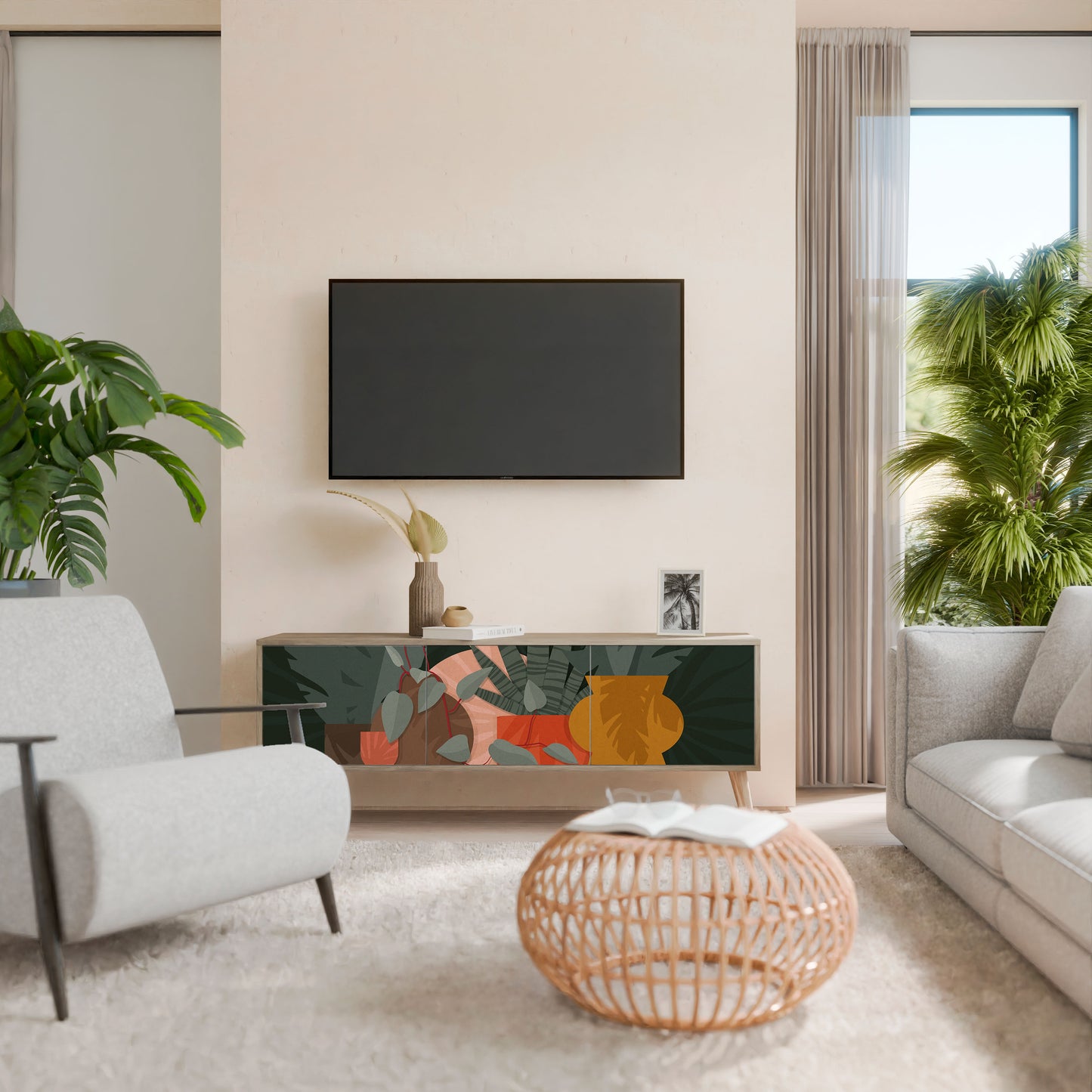 TROPICAL COMPOSITION 3-Door TV Stand in Oak Effect
