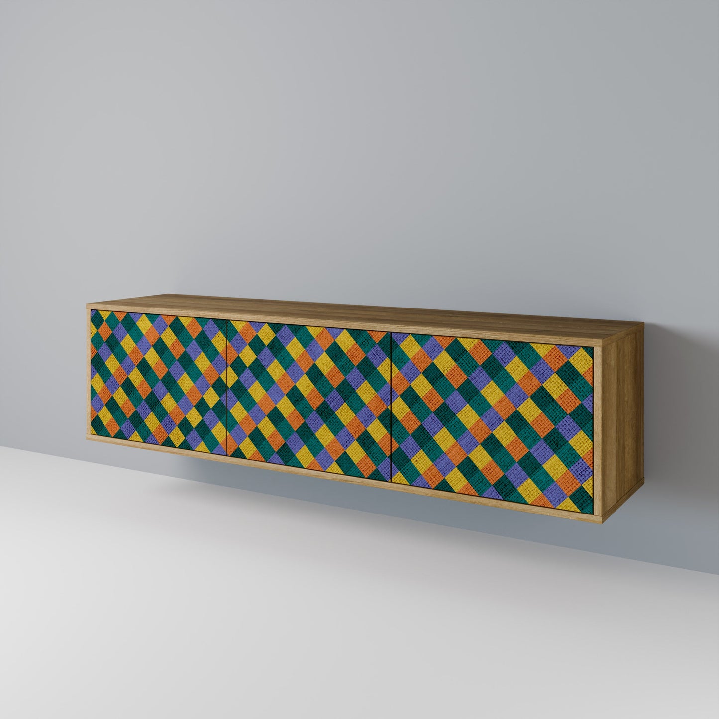 MÅLADE KVADRAT MIX TV-bänk med 3 dörrar i ekeffekt