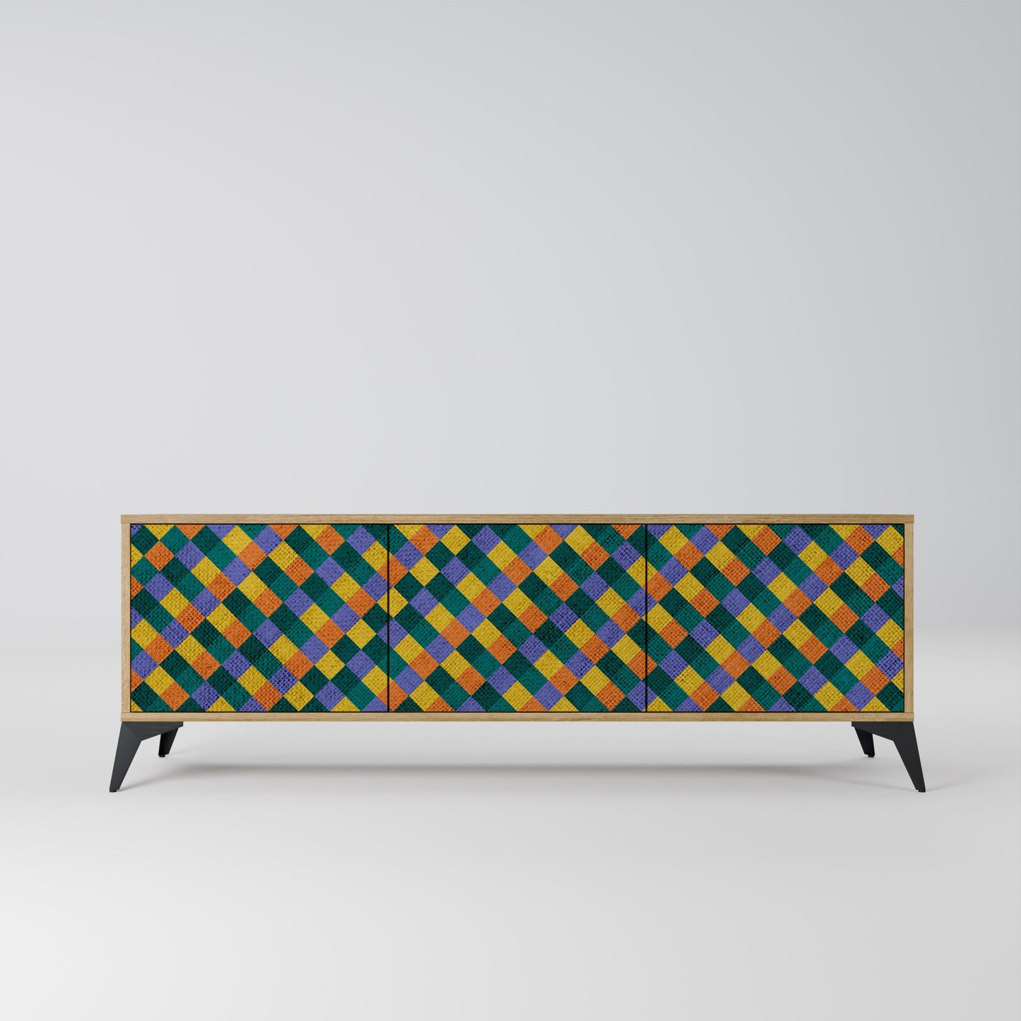 MÅLADE KVADRAT MIX TV-bänk med 3 dörrar i ekeffekt
