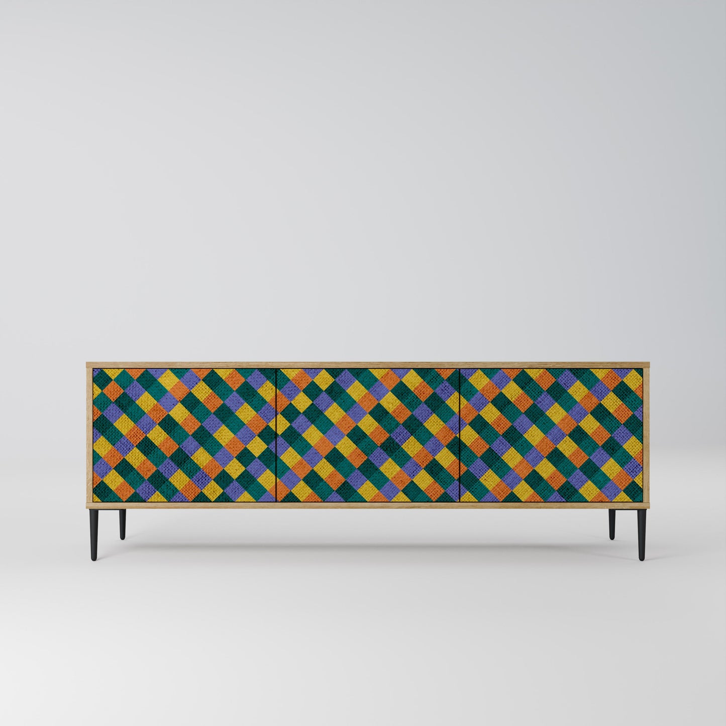 MÅLADE KVADRAT MIX TV-bänk med 3 dörrar i ekeffekt