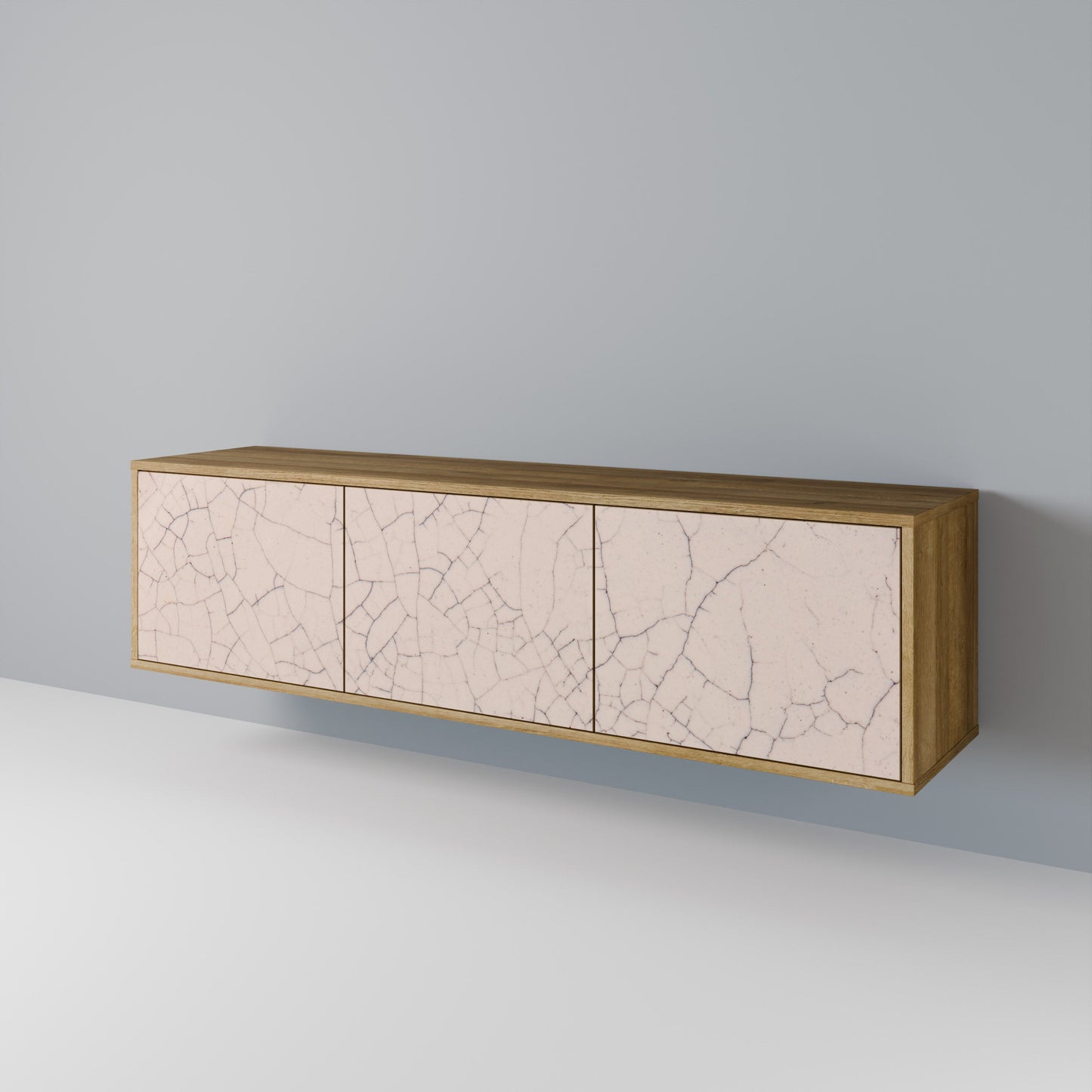 TV-bänk med keramisk textur och 3 dörrar i ekeffekt