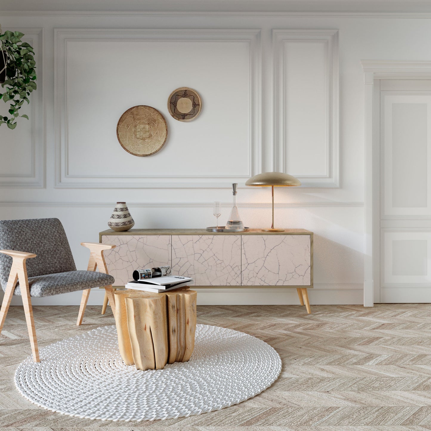 TV-bänk med keramisk textur och 3 dörrar i ekeffekt