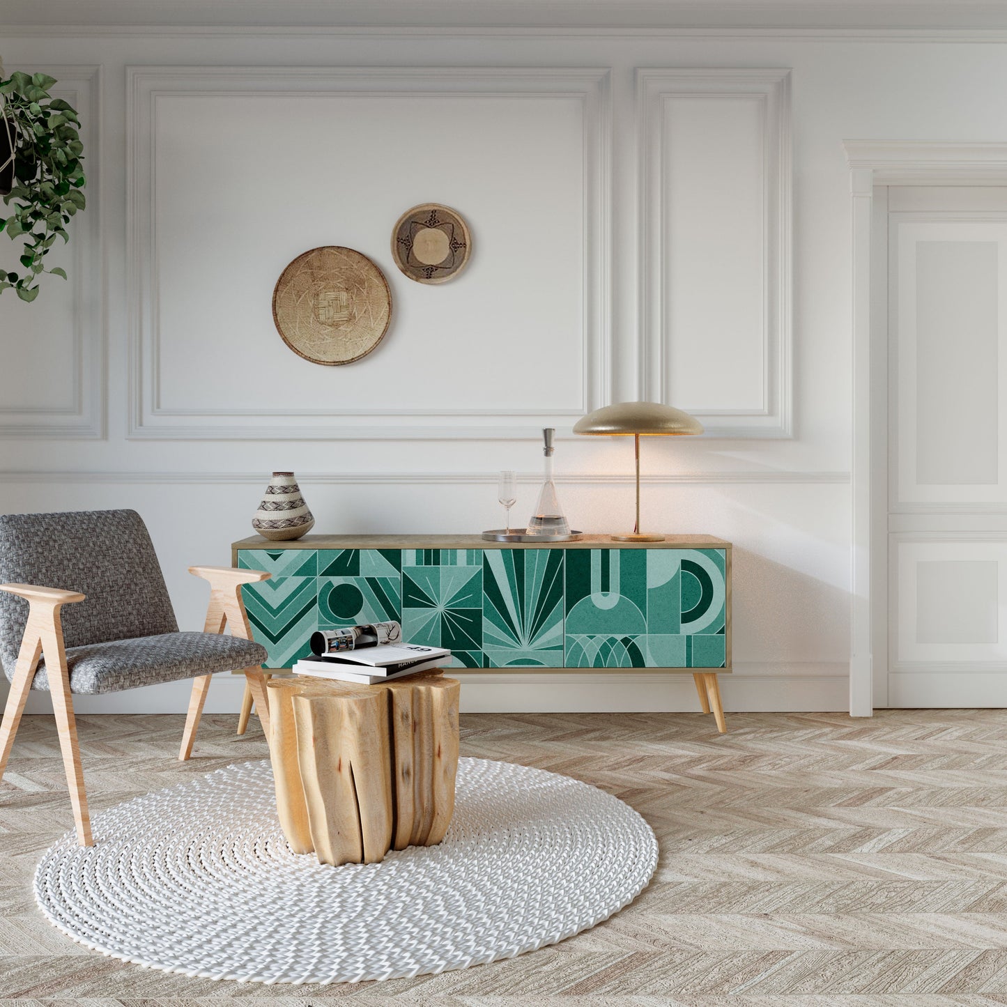 HARMONIC GRID TV-bänk med 3 dörrar i ekeffekt
