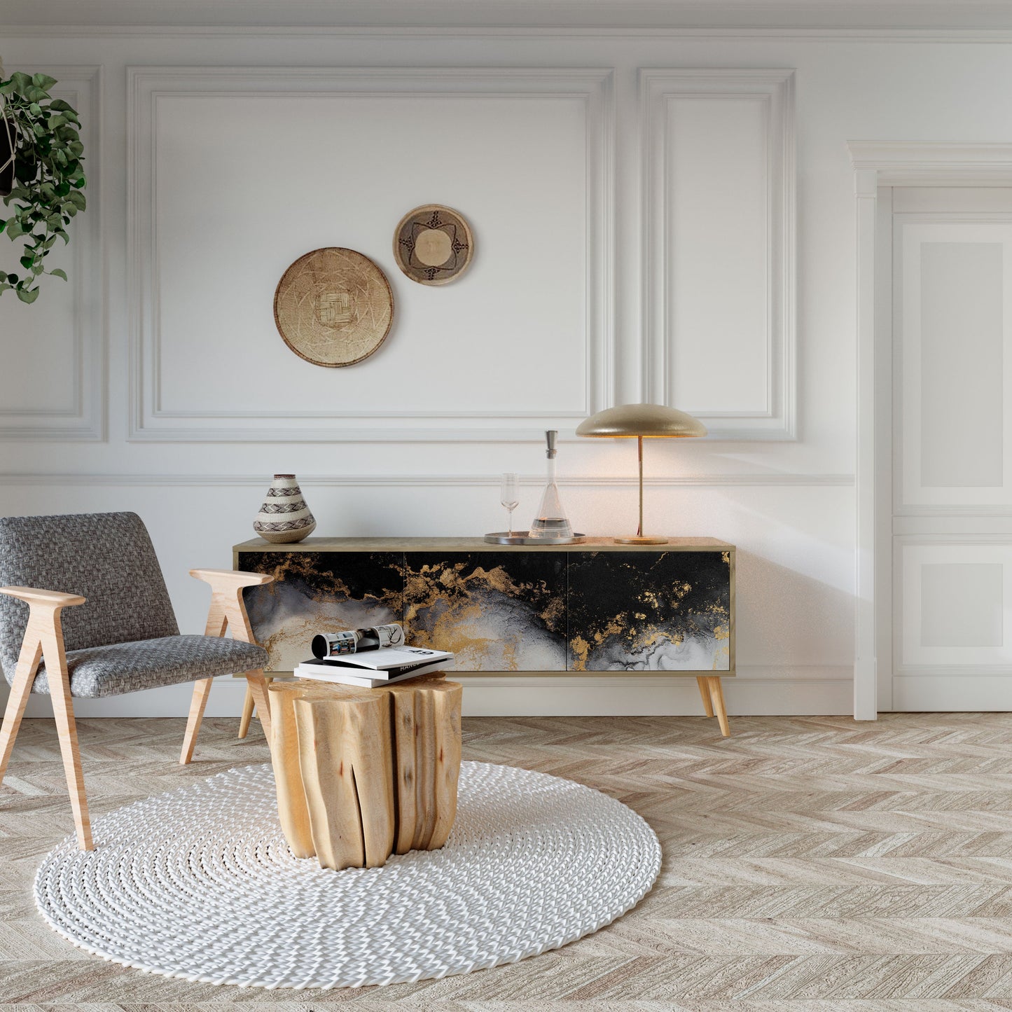 MARBLE OF TOMMORROW TV-bänk med 3 dörrar i ekeffekt
