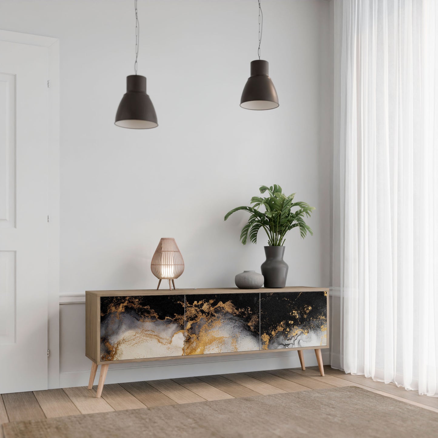 MARBLE OF TOMMORROW TV-bänk med 3 dörrar i ekeffekt