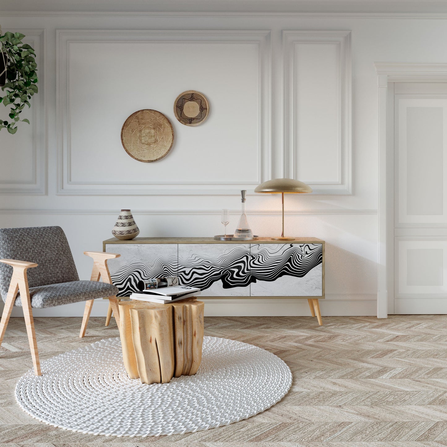 MONOCHROME MIRAGE TV-bänk med 3 dörrar i ekeffekt