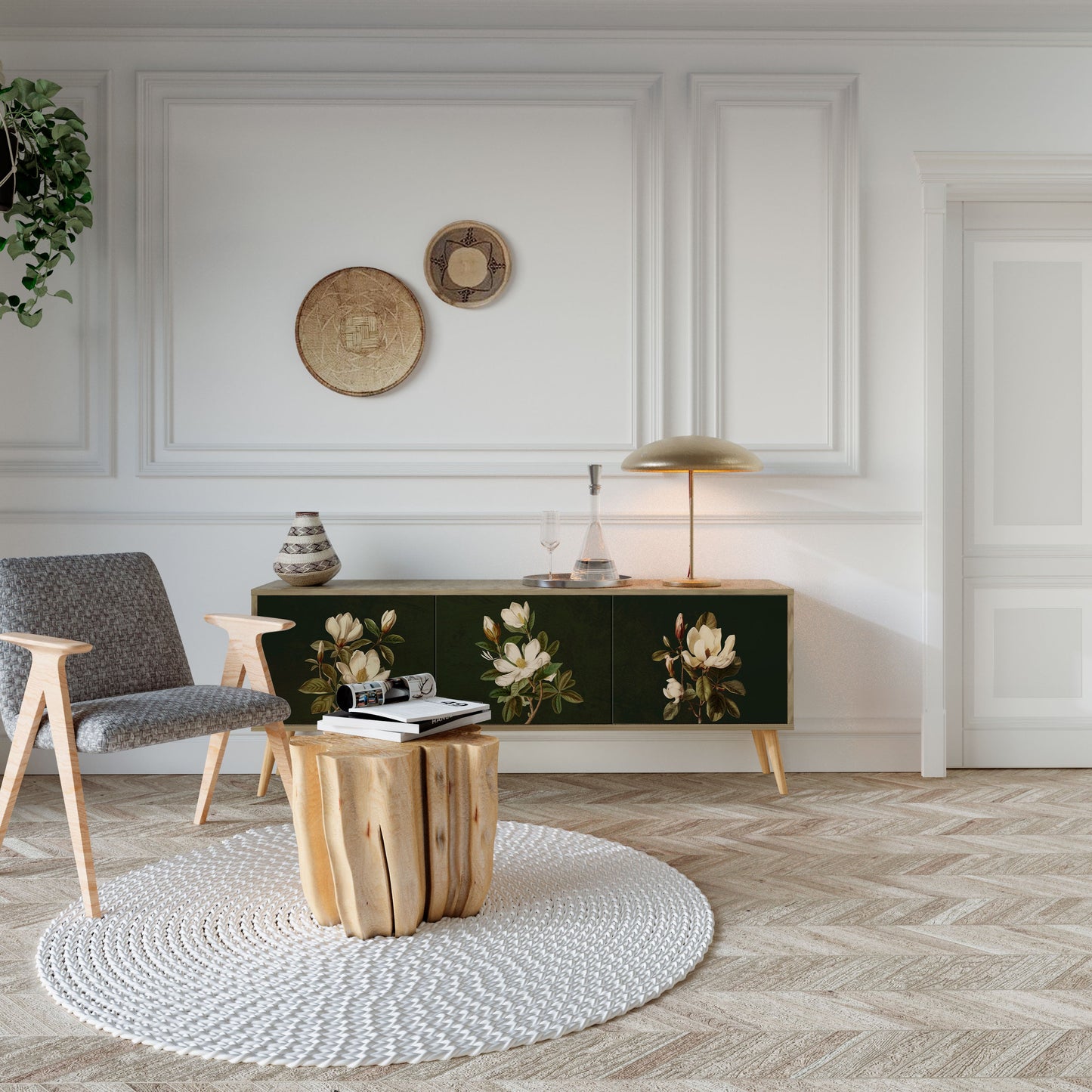 FLORAL NOIR TV-bänk med 3 dörrar i ekeffekt