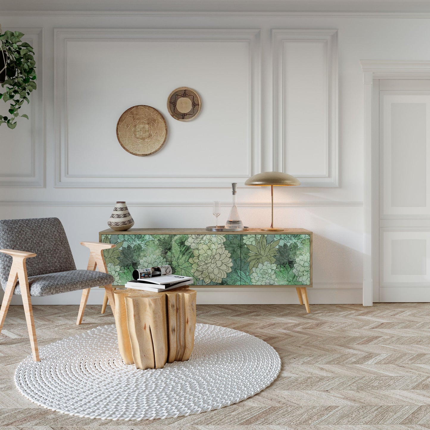 SUCCULENT CLUSTER TV-bänk med 3 dörrar i ekeffekt