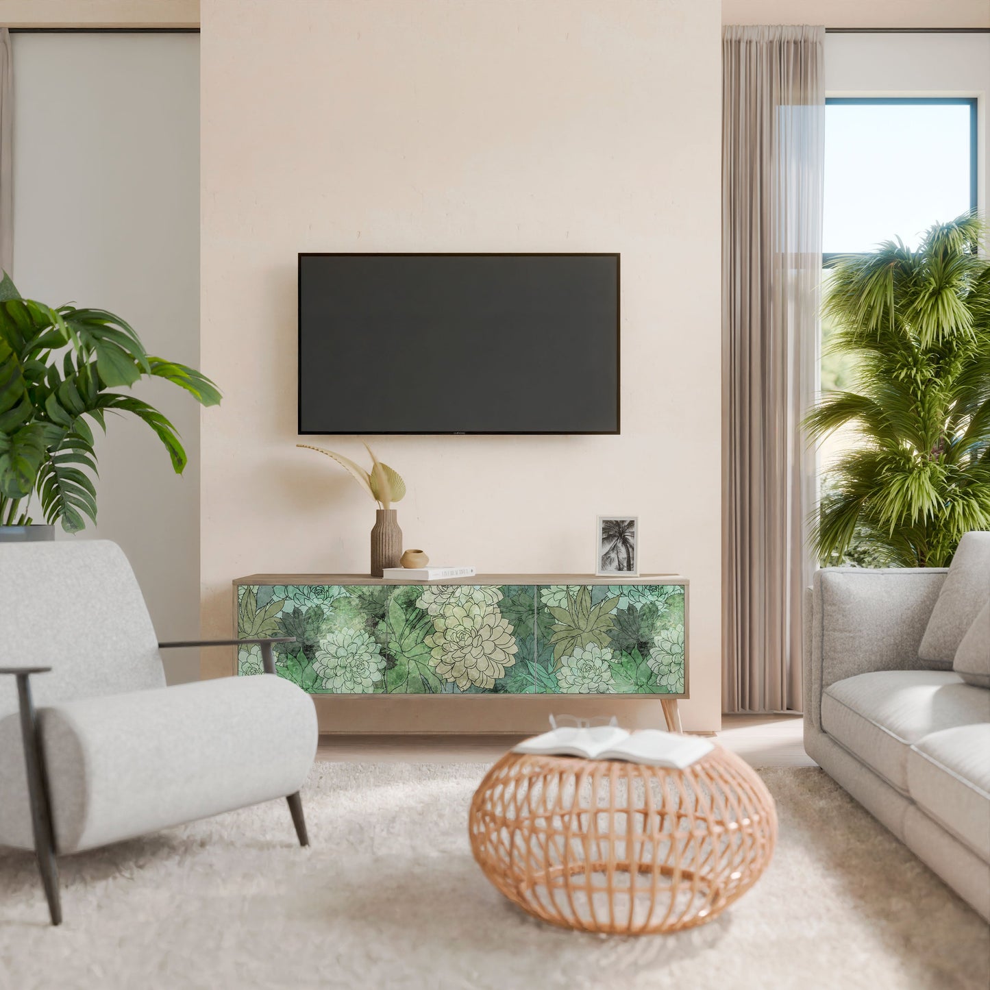 SUCCULENT CLUSTER TV-bänk med 3 dörrar i ekeffekt