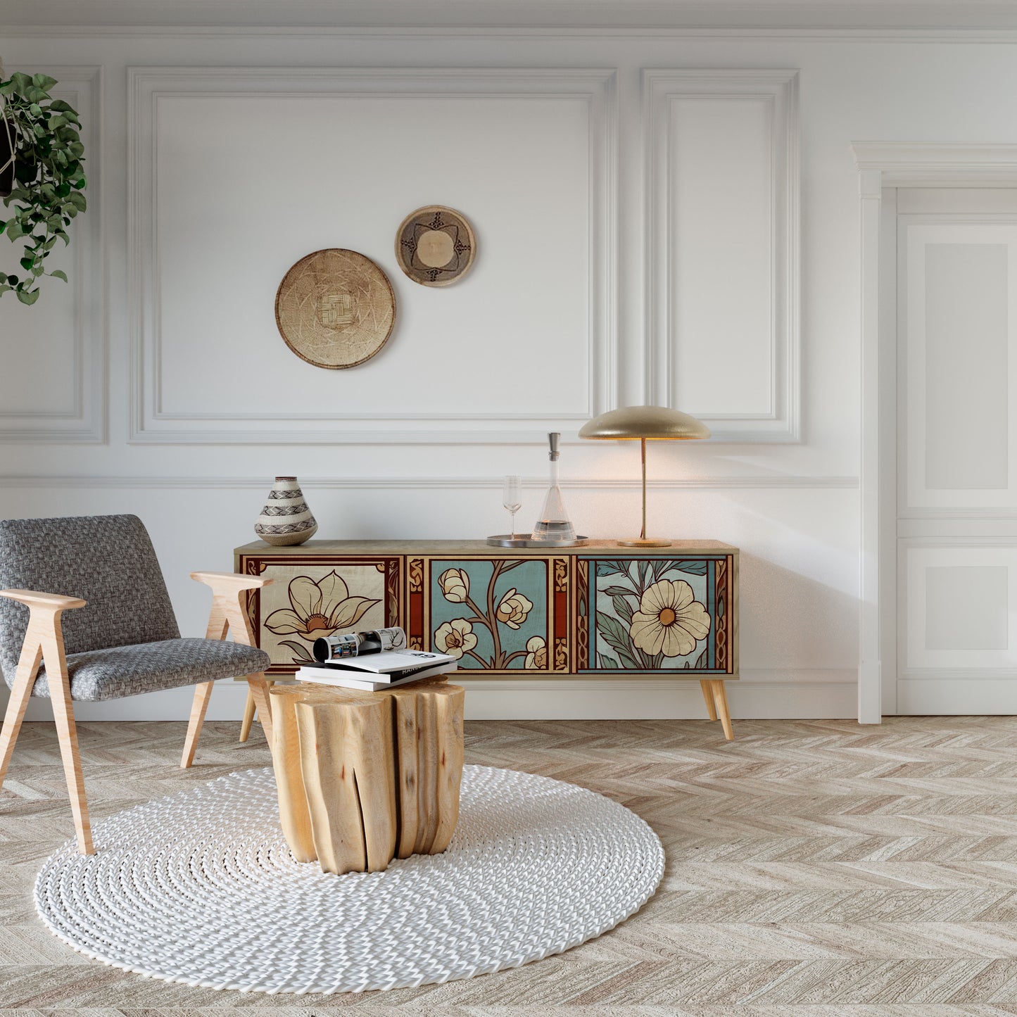 TIDLÖS FLORA TV-bänk med 3 dörrar i ekeffekt