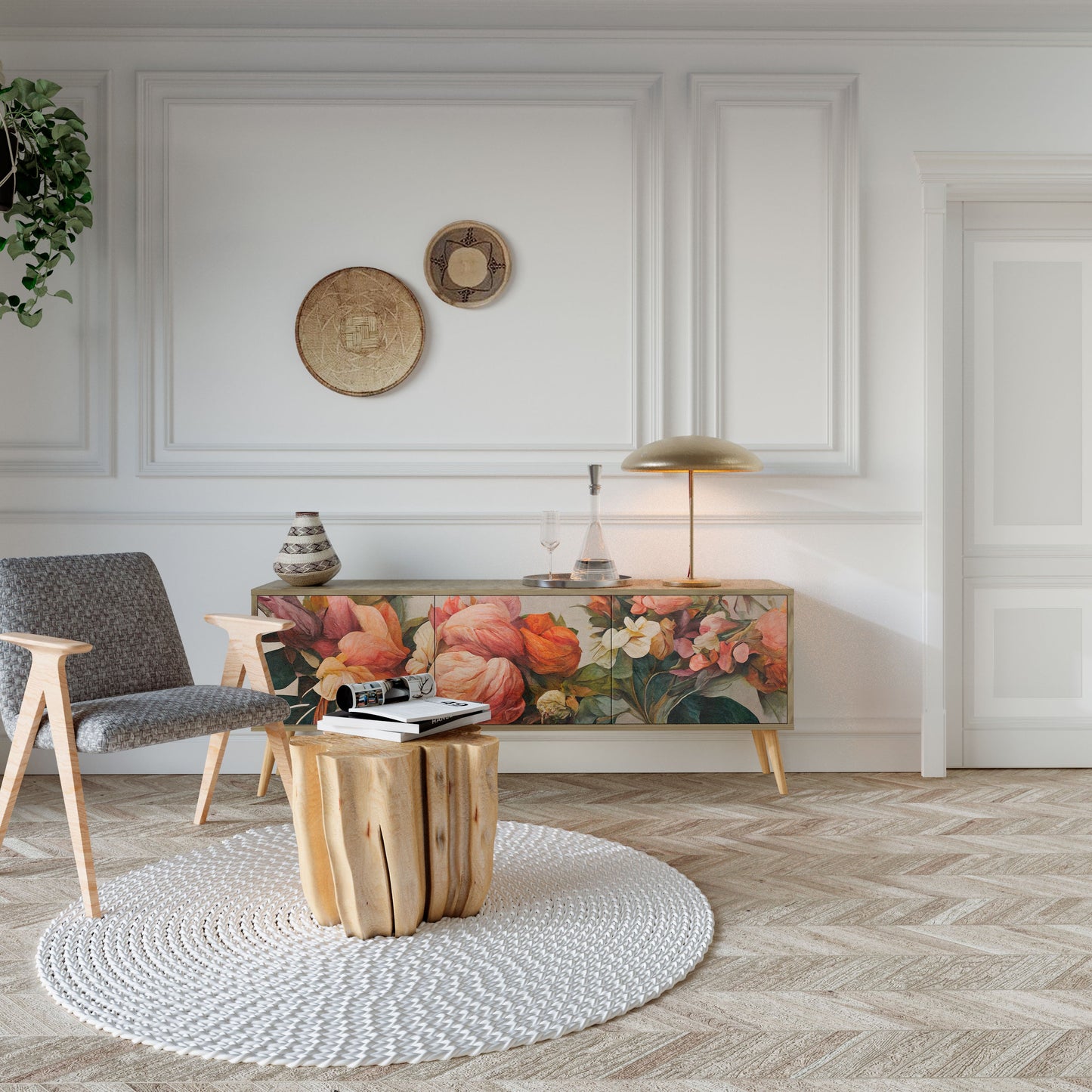 STYLISH BEAUTY TV-bänk med 3 dörrar i ekeffekt