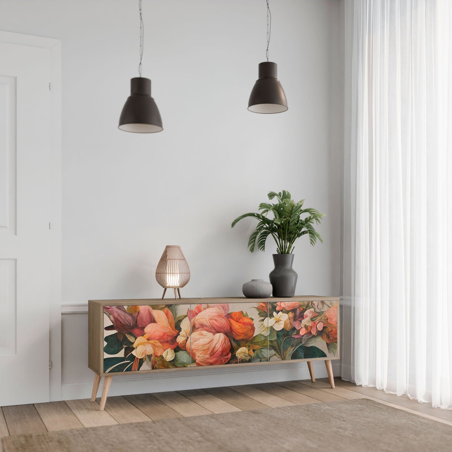 STYLISH BEAUTY TV-bänk med 3 dörrar i ekeffekt