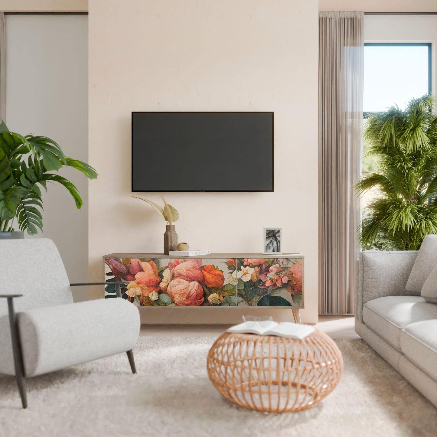 STYLISH BEAUTY TV-bänk med 3 dörrar i ekeffekt