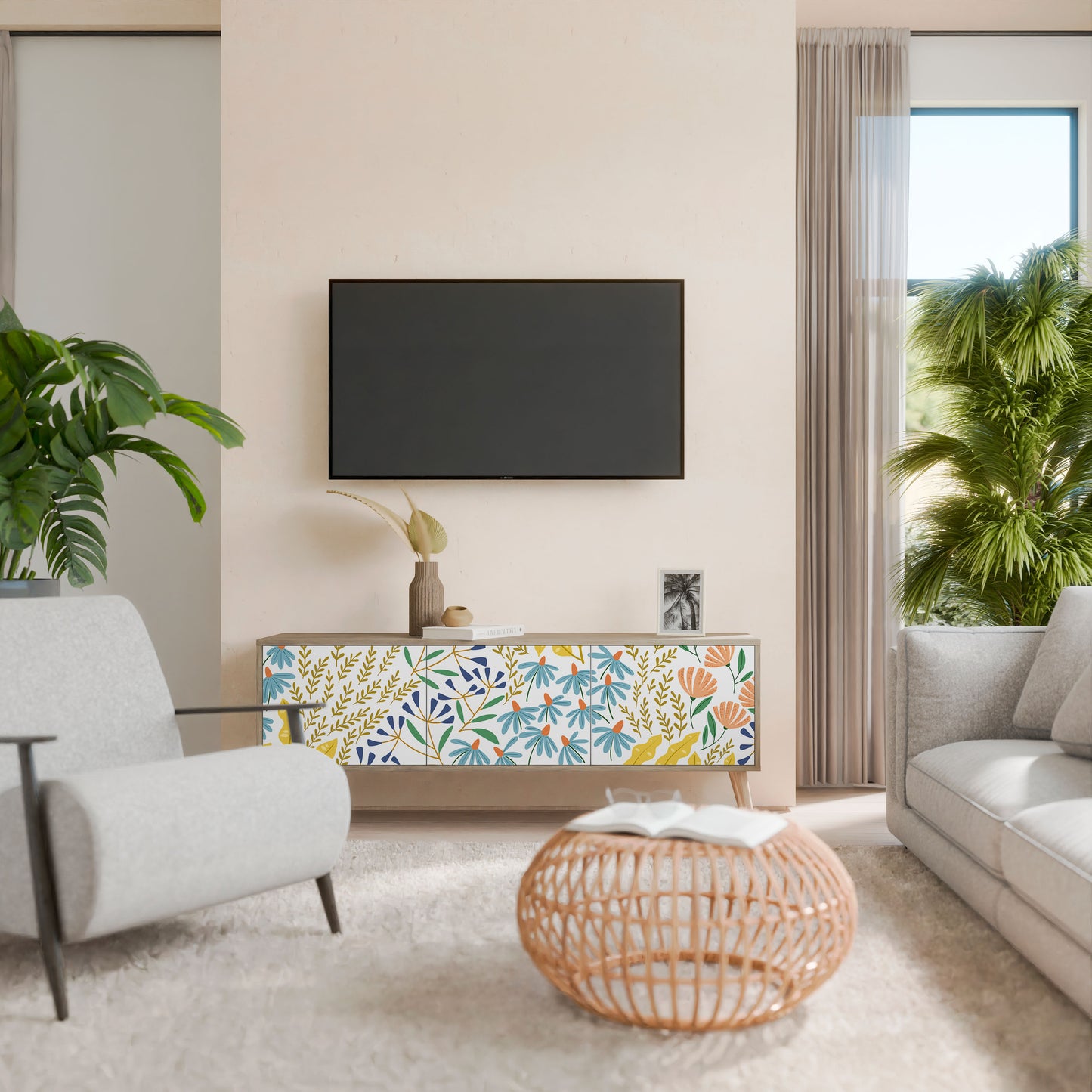 HELLO SPRING TV-bänk med 3 dörrar i ekeffekt