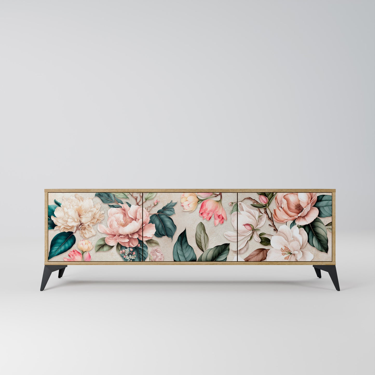 FLORAL GRACE 3-Door TV Stand in Oak Effect