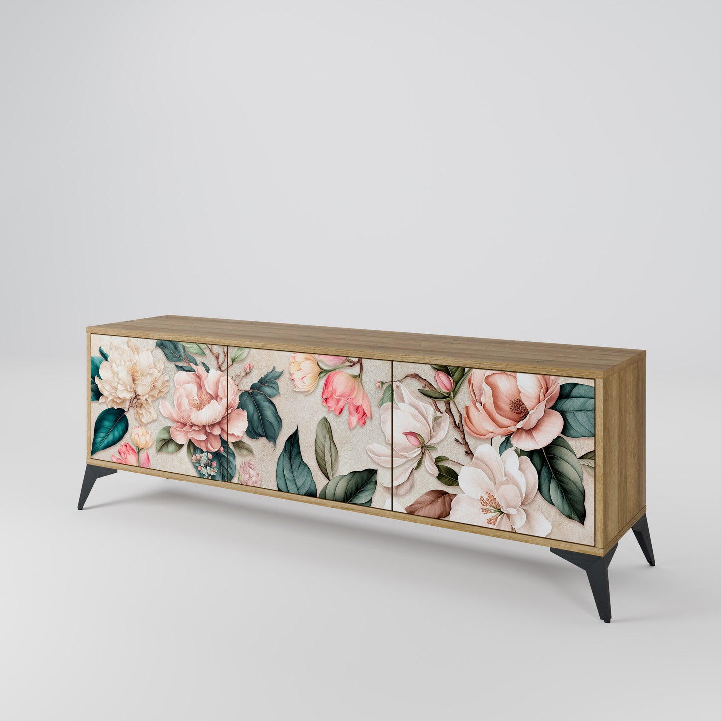 FLORAL GRACE 3-Door TV Stand in Oak Effect