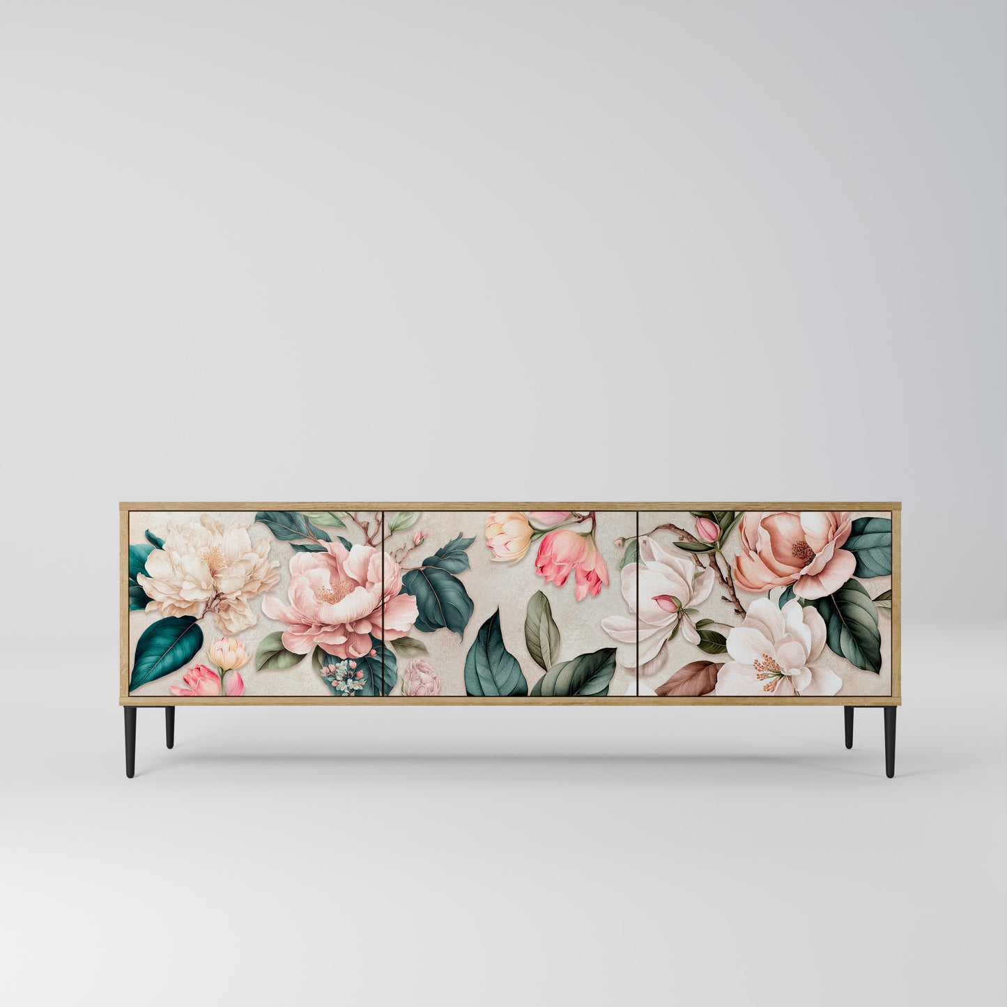 FLORAL GRACE 3-Door TV Stand in Oak Effect