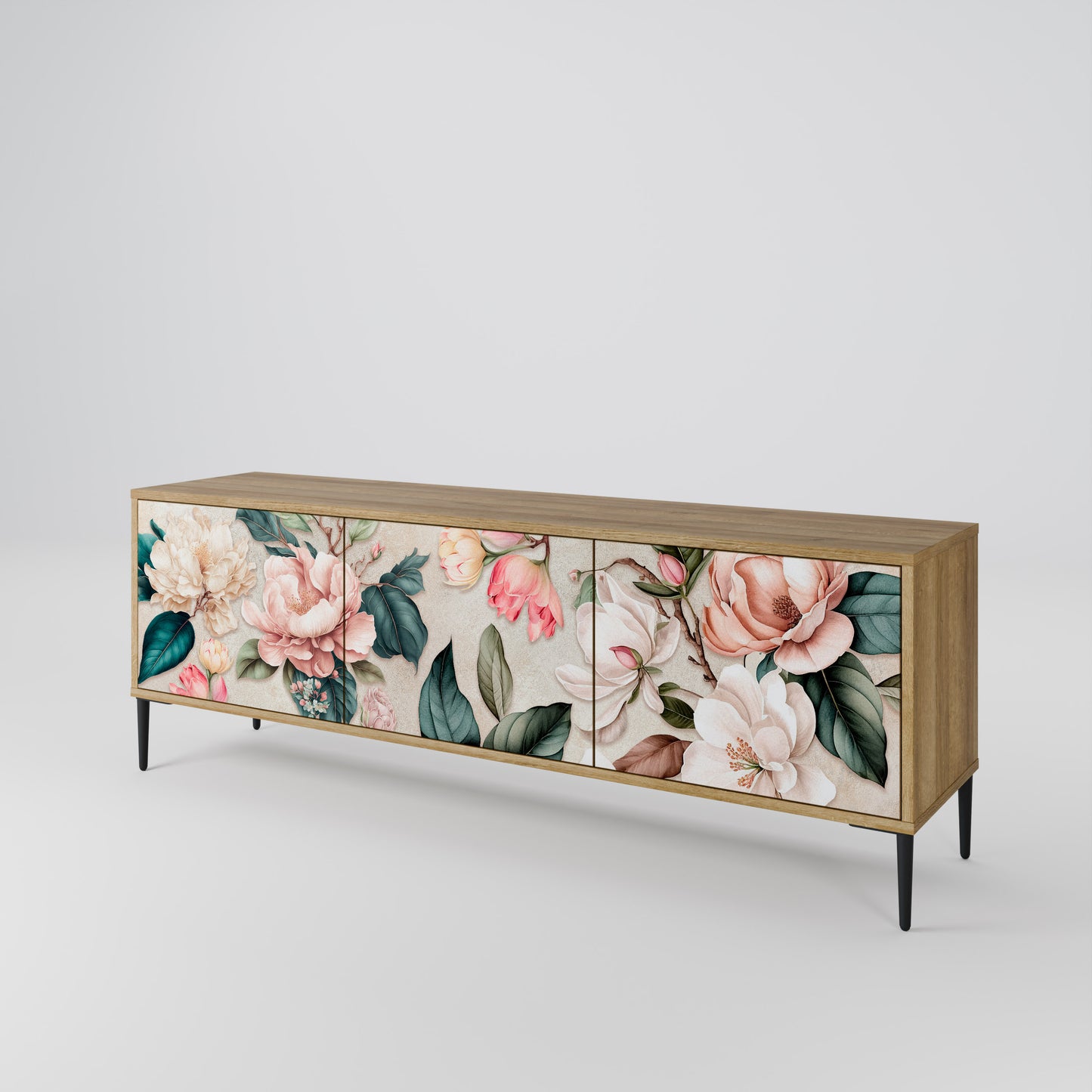 FLORAL GRACE 3-Door TV Stand in Oak Effect