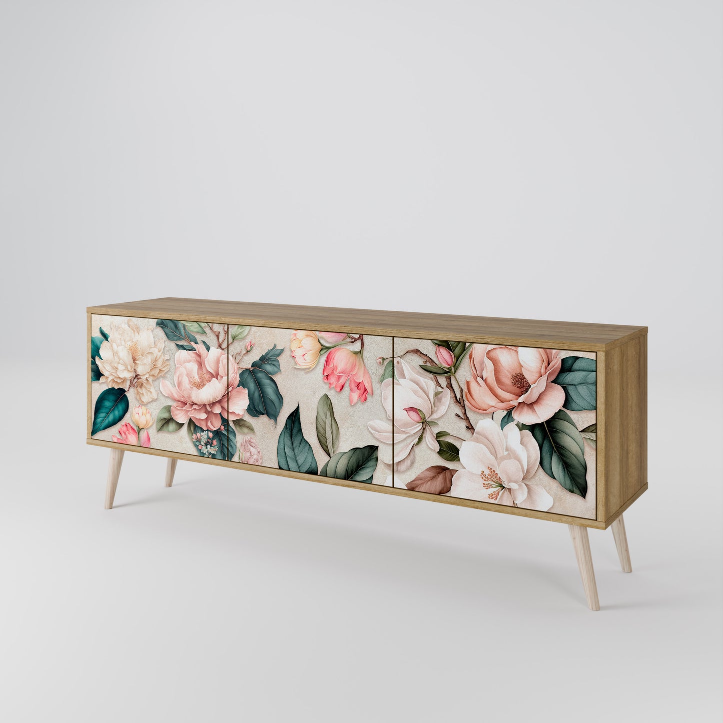 FLORAL GRACE 3-Door TV Stand in Oak Effect