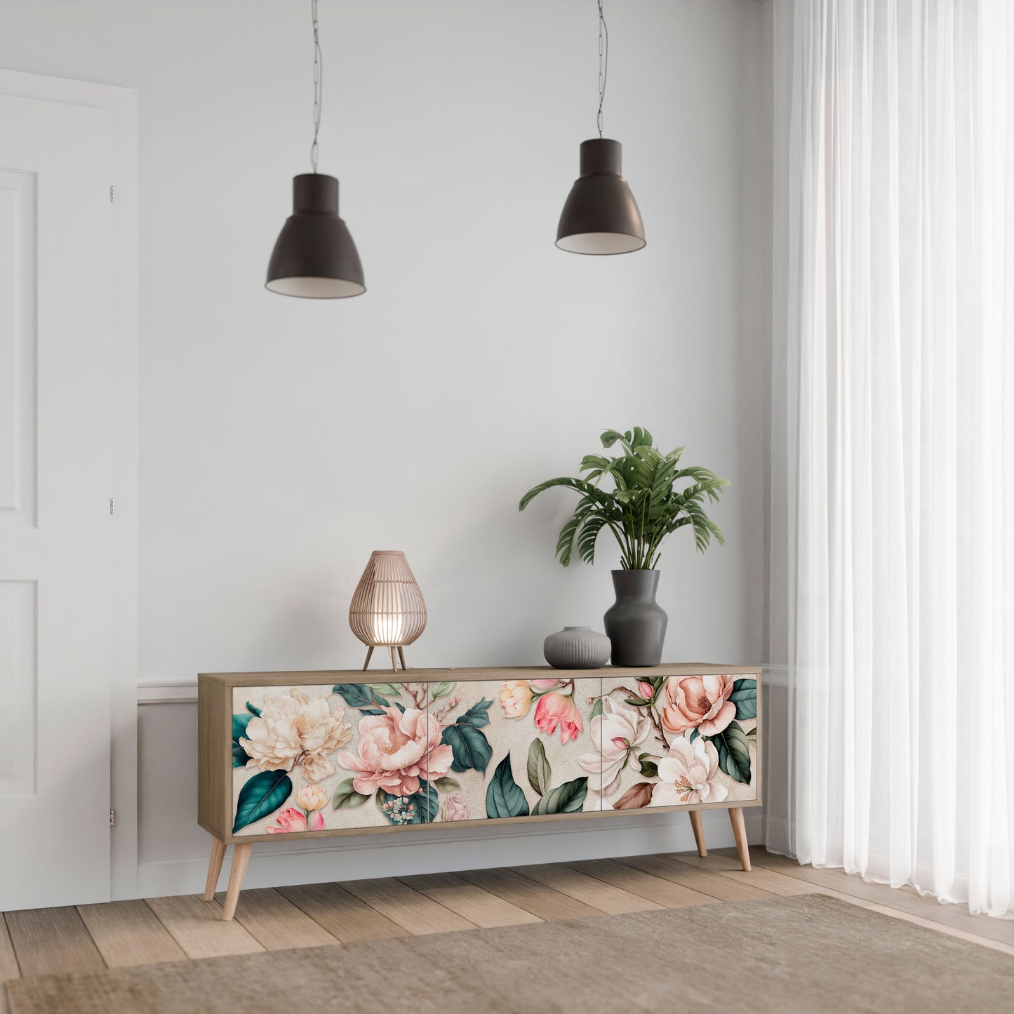 FLORAL GRACE 3-Door TV Stand in Oak Effect