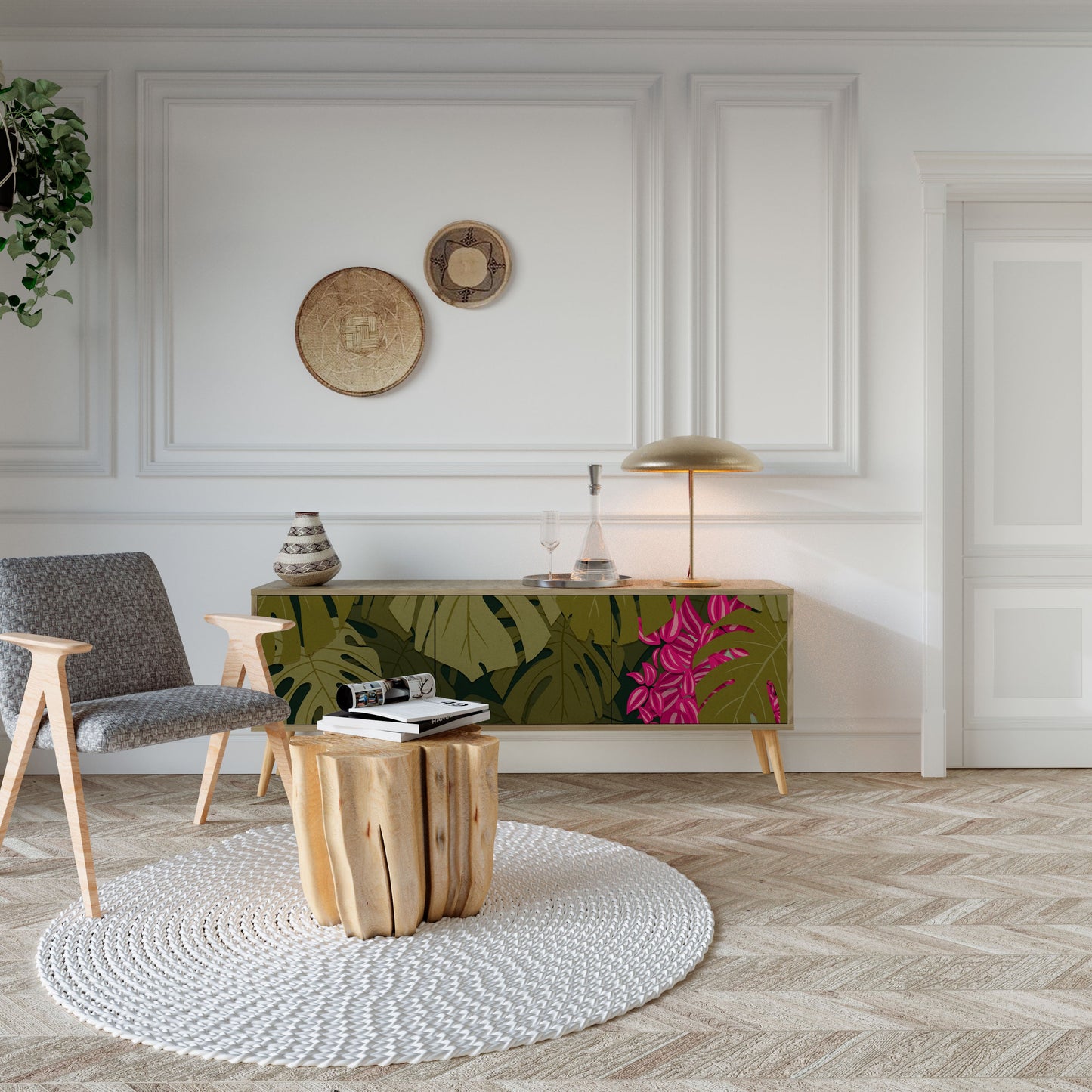 TROPICAL BEAUTY TV-bänk med 3 dörrar i ekeffekt