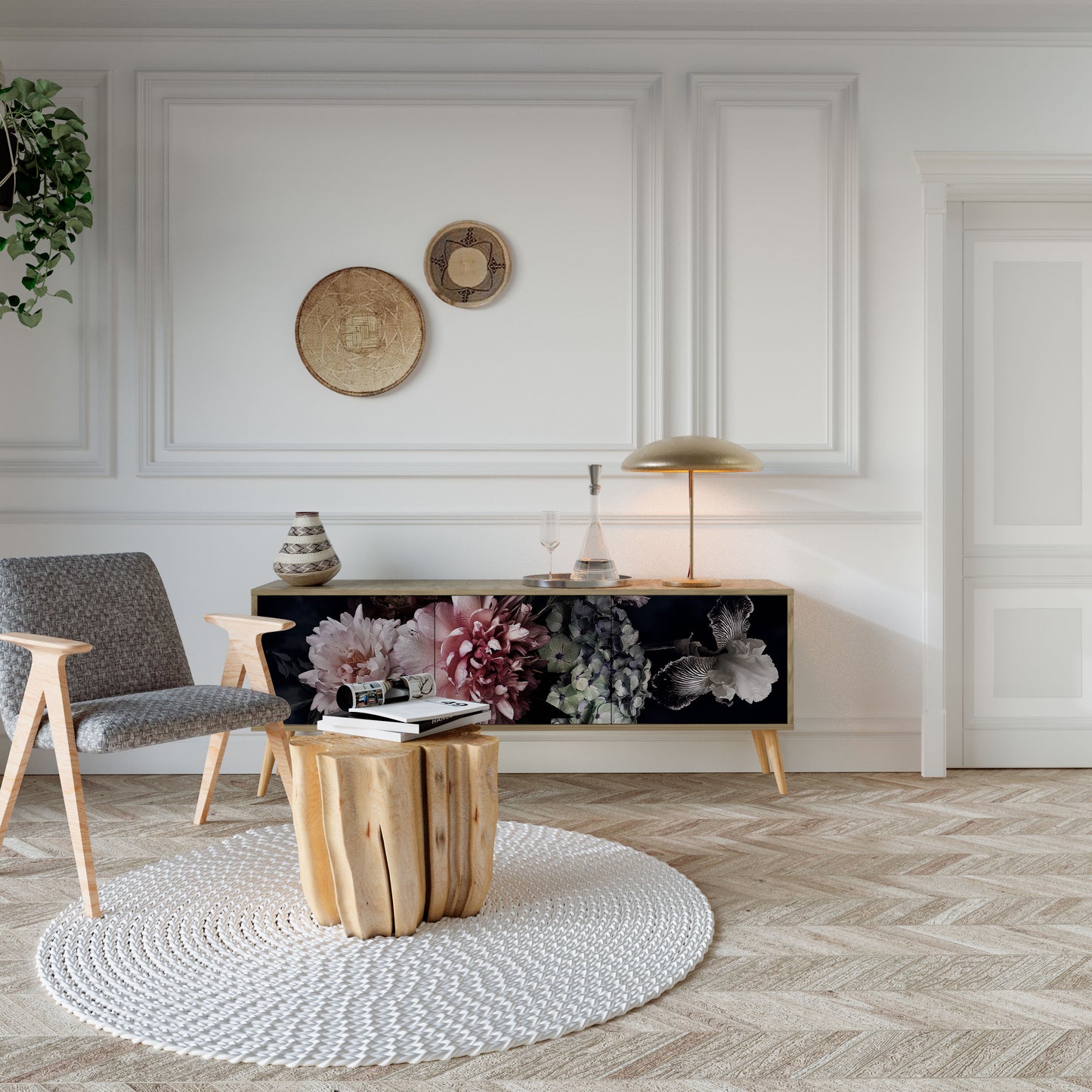 PURE BLOSSOM TV-bänk med 3 dörrar i ekeffekt