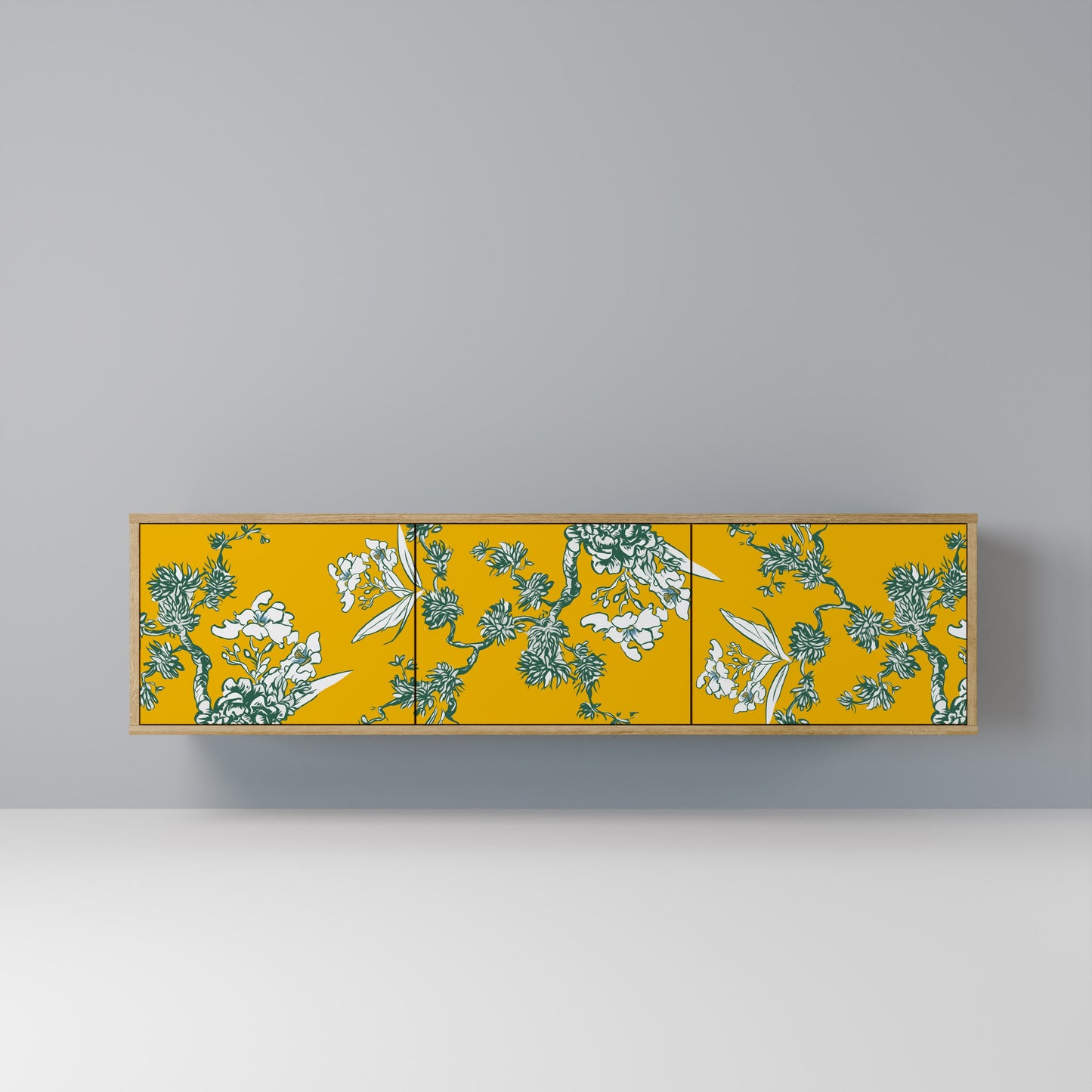GULT CHINOISERIE TV-bänk med 3 dörrar i ekeffekt
