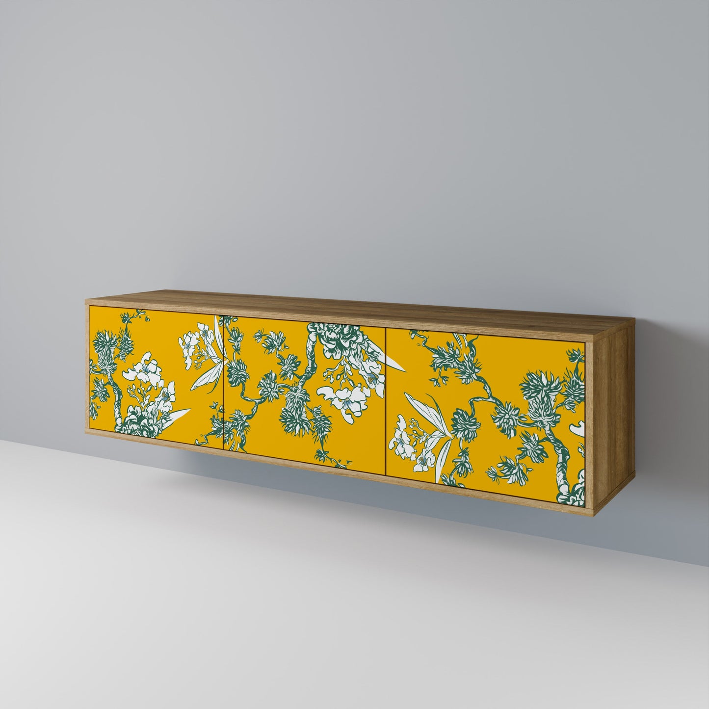 GULT CHINOISERIE TV-bänk med 3 dörrar i ekeffekt