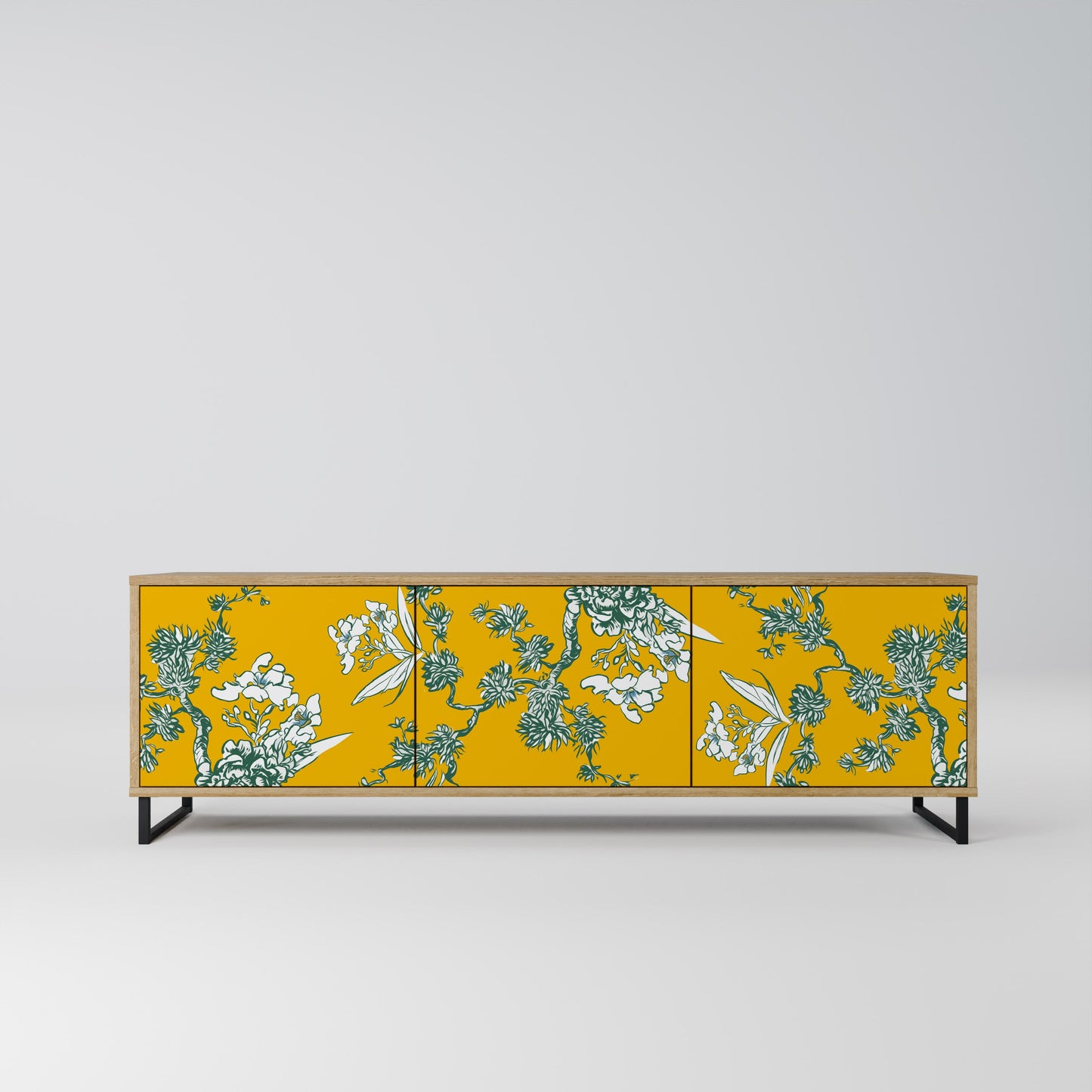 GULT CHINOISERIE TV-bänk med 3 dörrar i ekeffekt