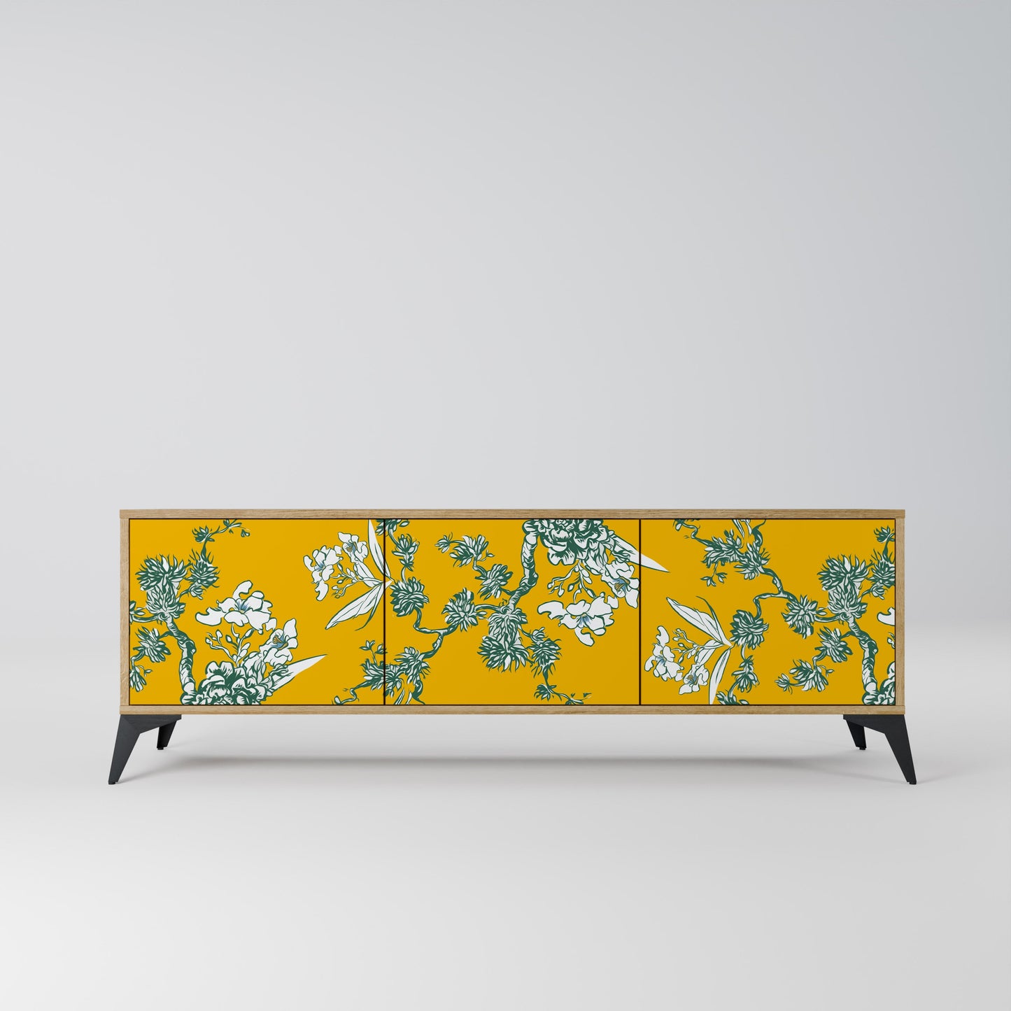 GULT CHINOISERIE TV-bänk med 3 dörrar i ekeffekt