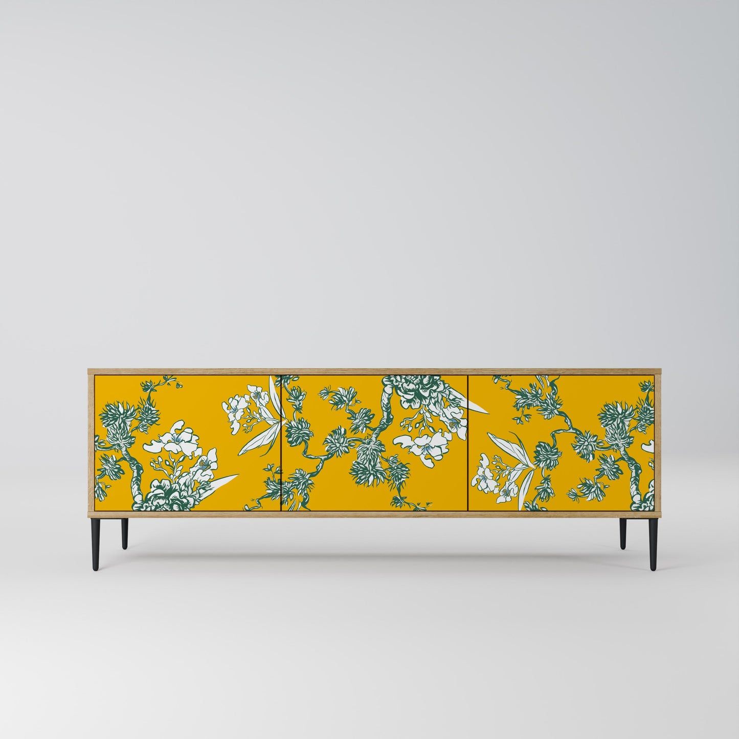 GULT CHINOISERIE TV-bänk med 3 dörrar i ekeffekt