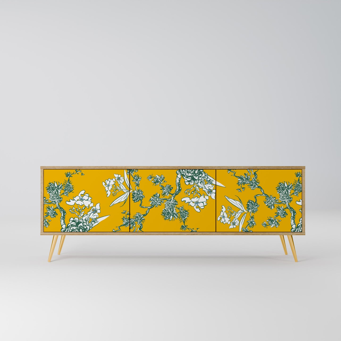 GULT CHINOISERIE TV-bänk med 3 dörrar i ekeffekt