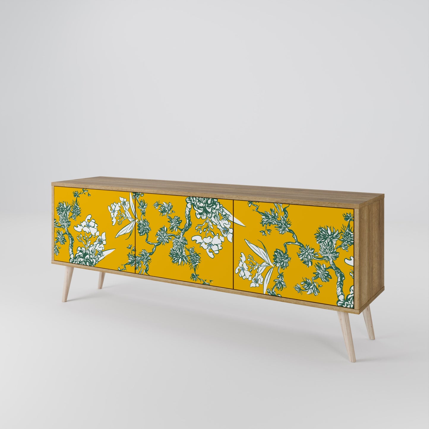 GULT CHINOISERIE TV-bänk med 3 dörrar i ekeffekt