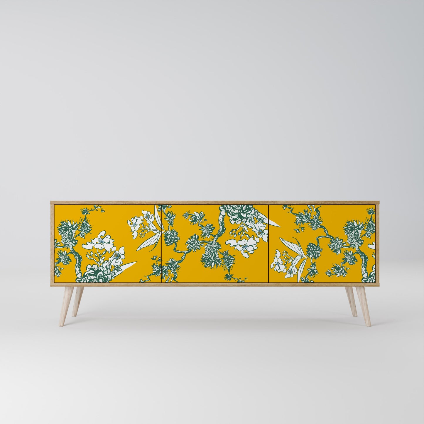 GULT CHINOISERIE TV-bänk med 3 dörrar i ekeffekt
