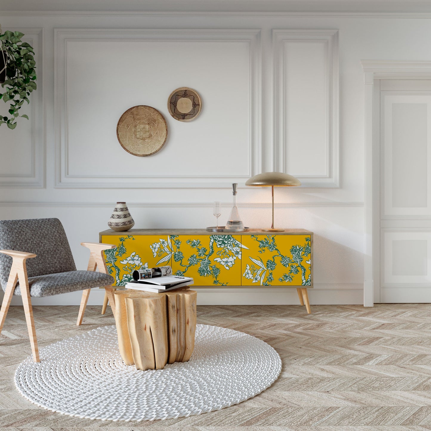 GULT CHINOISERIE TV-bänk med 3 dörrar i ekeffekt