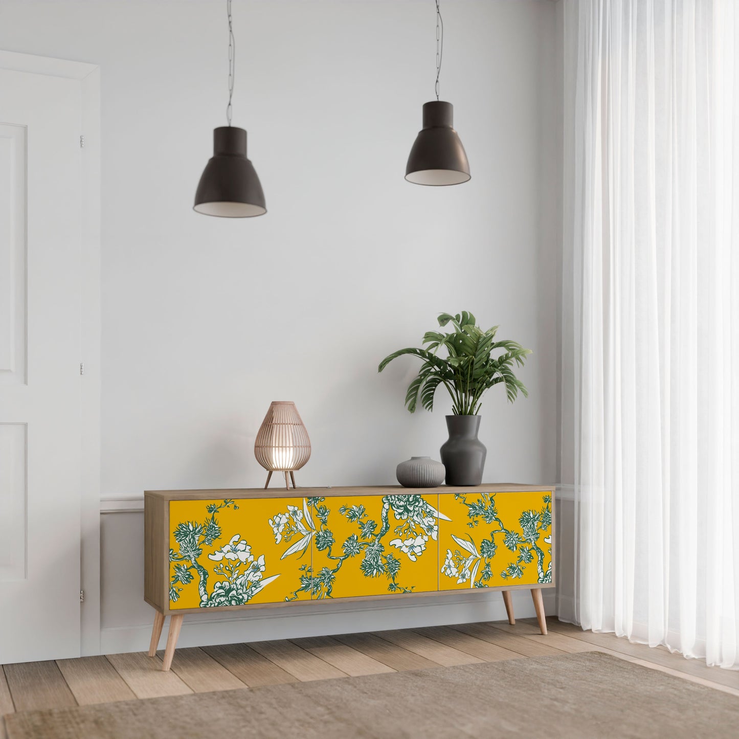 GULT CHINOISERIE TV-bänk med 3 dörrar i ekeffekt