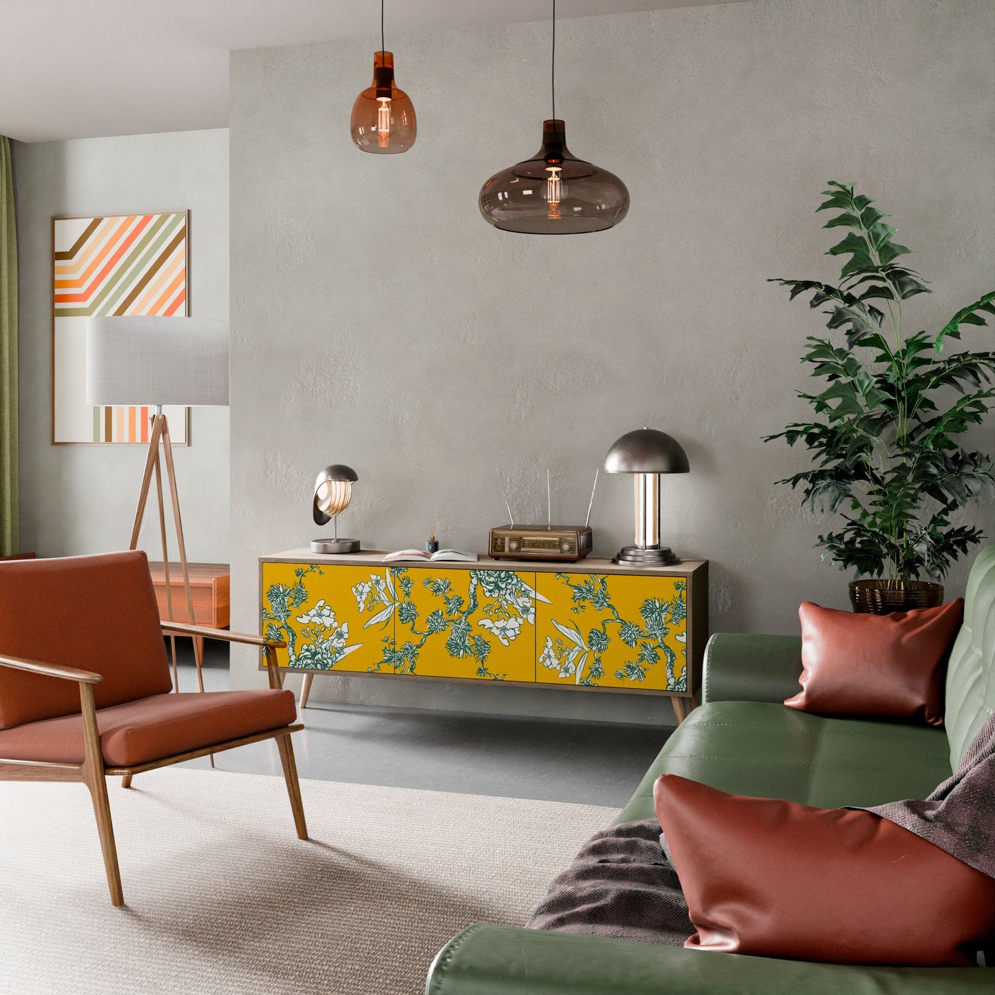 GULT CHINOISERIE TV-bänk med 3 dörrar i ekeffekt