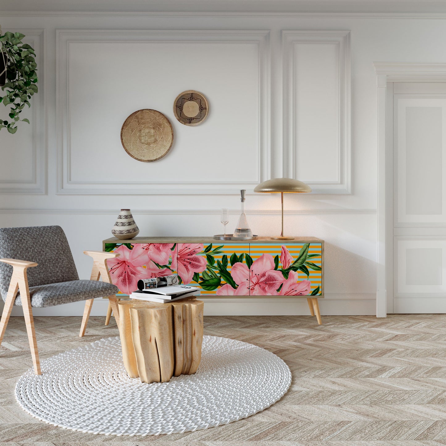 FRAGILE BEAUTY TV-bänk med 3 dörrar i ekeffekt