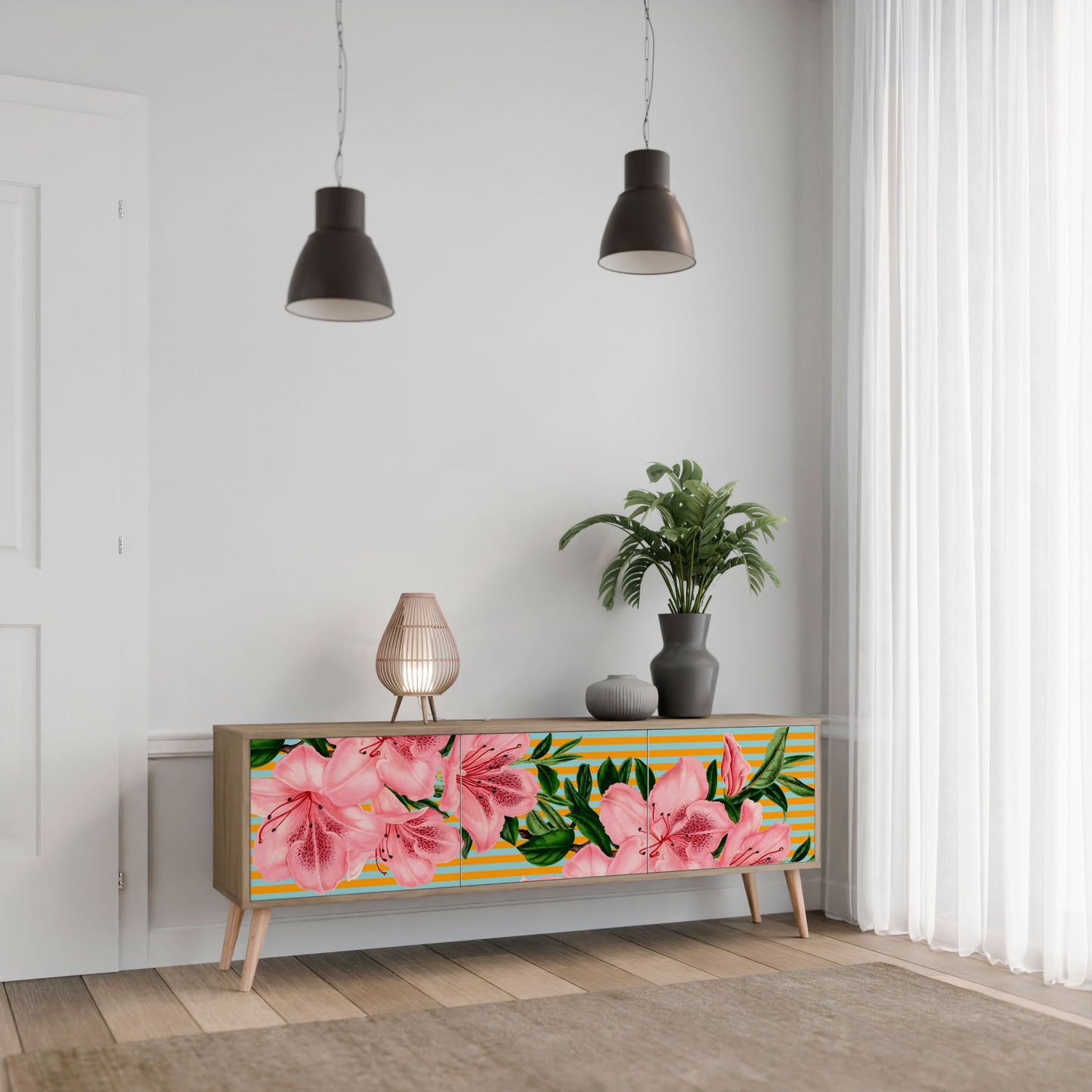 FRAGILE BEAUTY TV-bänk med 3 dörrar i ekeffekt