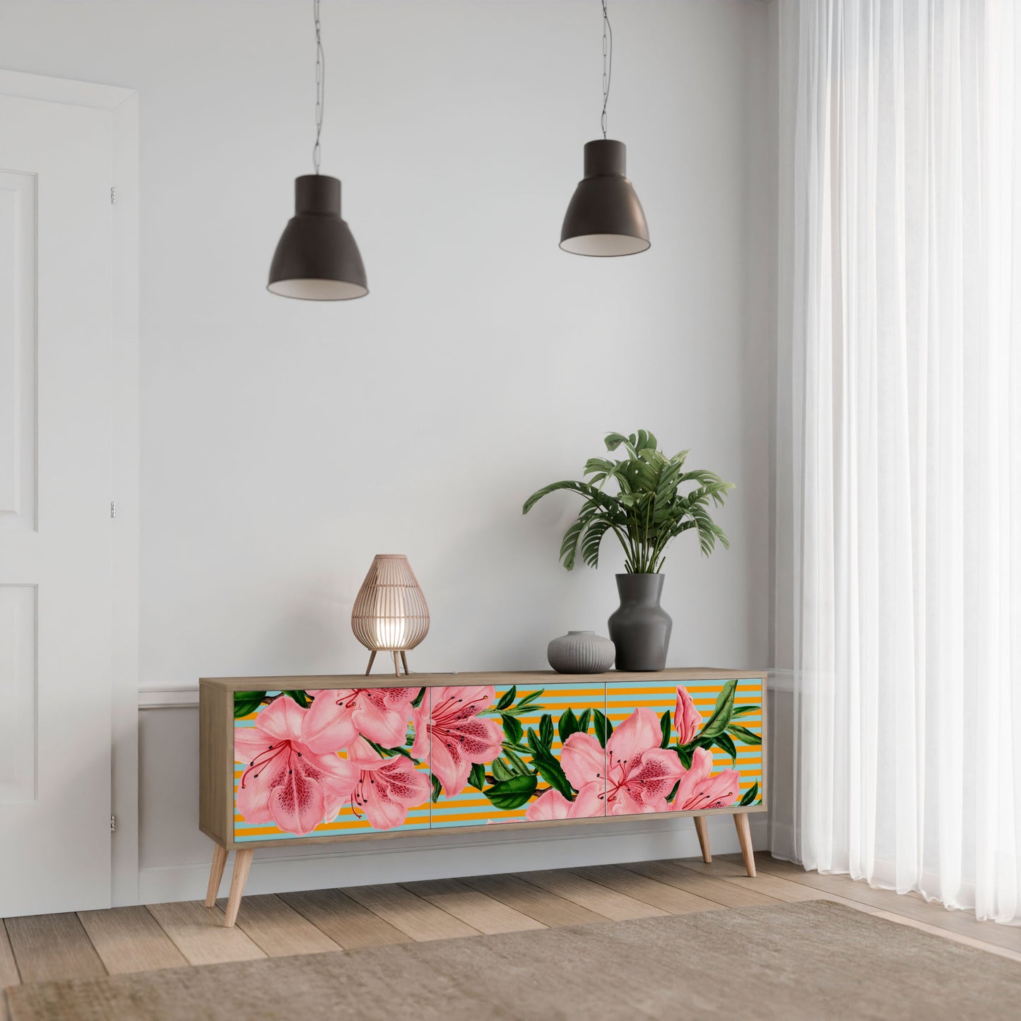 FRAGILE BEAUTY TV-bänk med 3 dörrar i ekeffekt