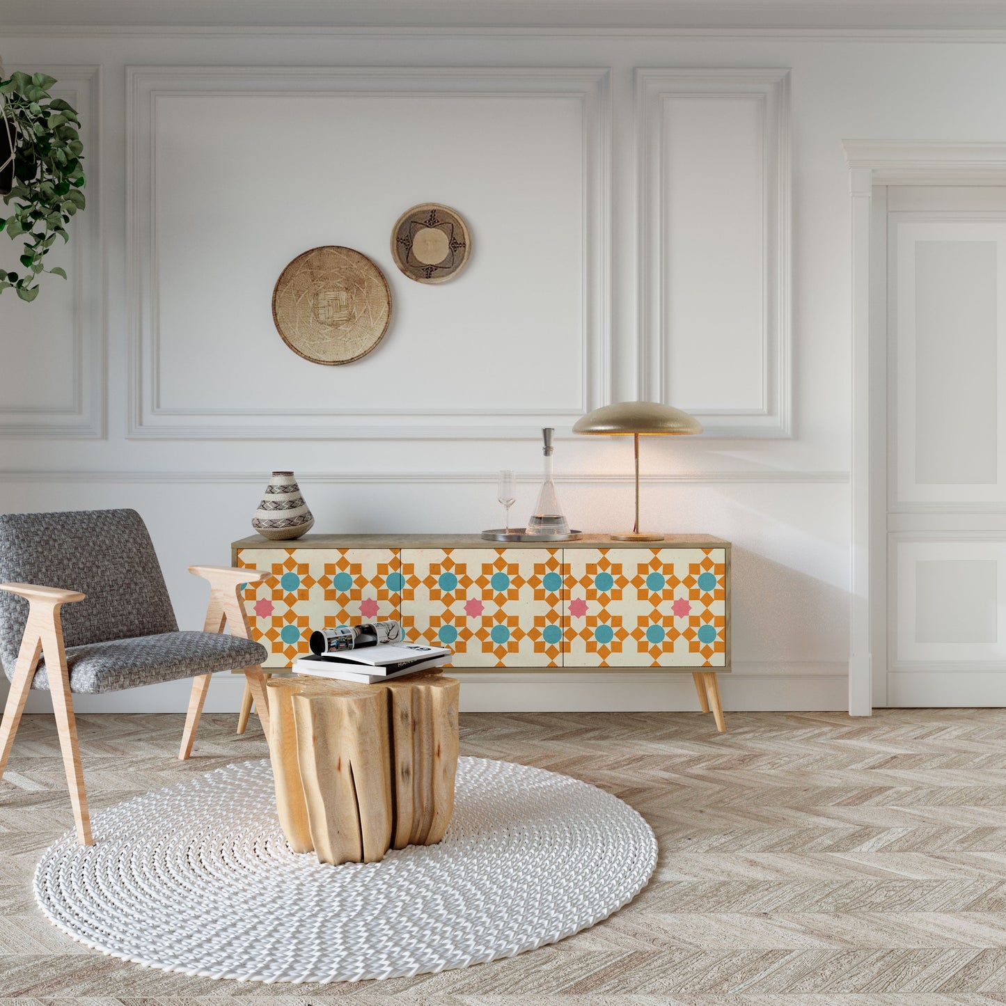 BLOMSTERDEKORATION TV-bänk med 3 dörrar i ekeffekt