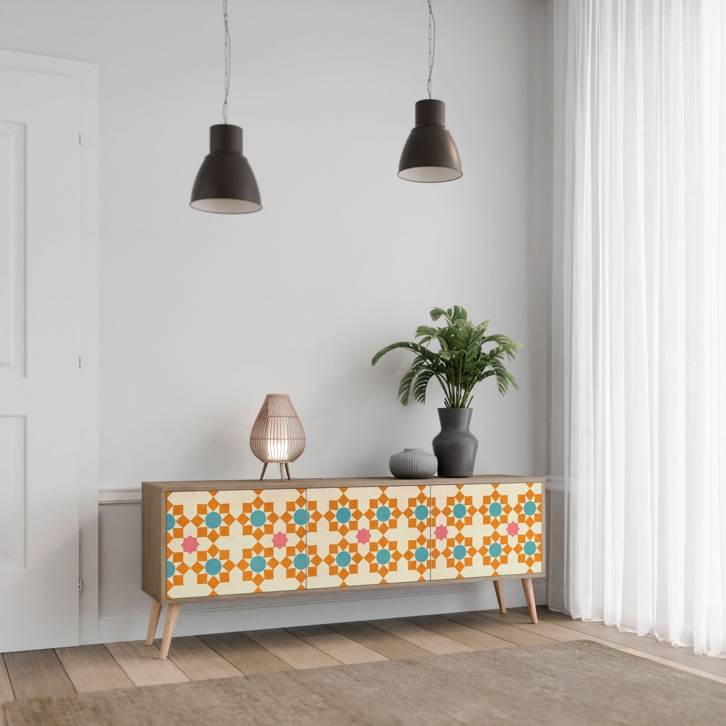 BLOMSTERDEKORATION TV-bänk med 3 dörrar i ekeffekt