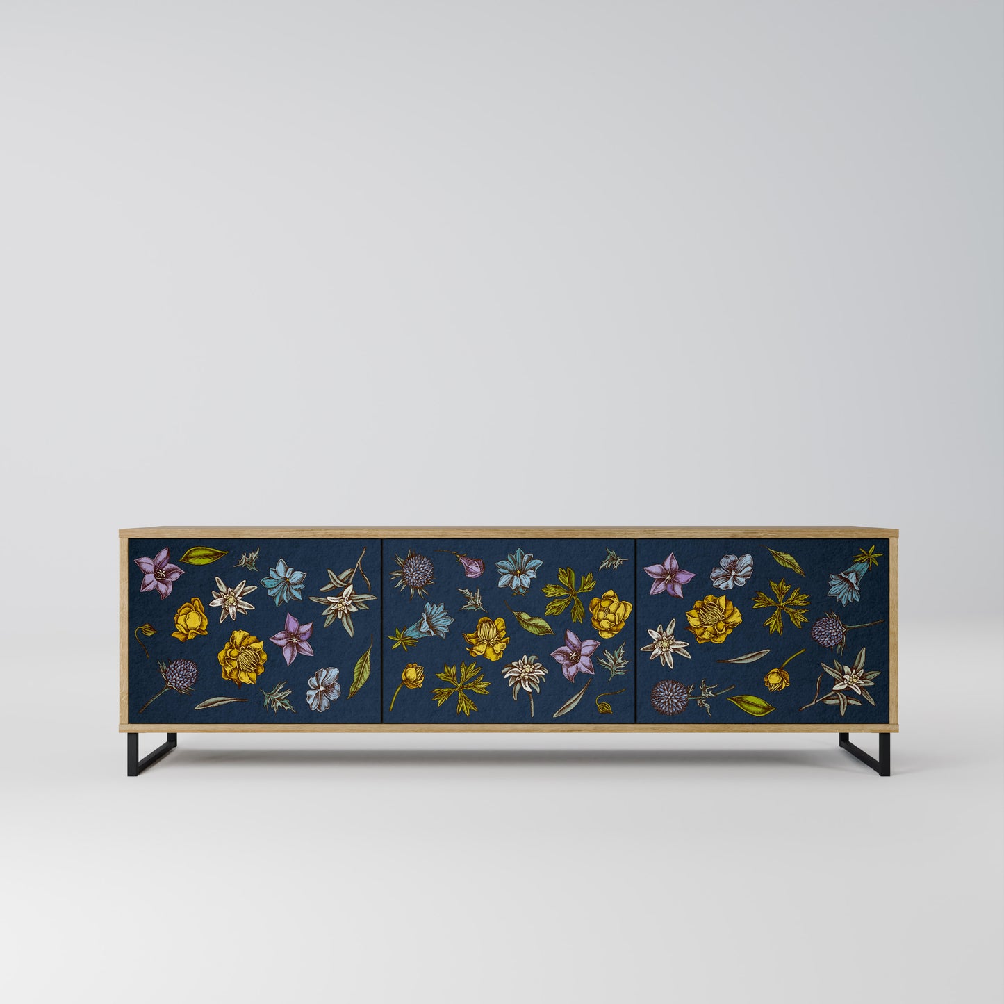 BLOMMOR PÅ MARINBLÅTT TV-BÄNK med 3 dörrar i ekeffekt