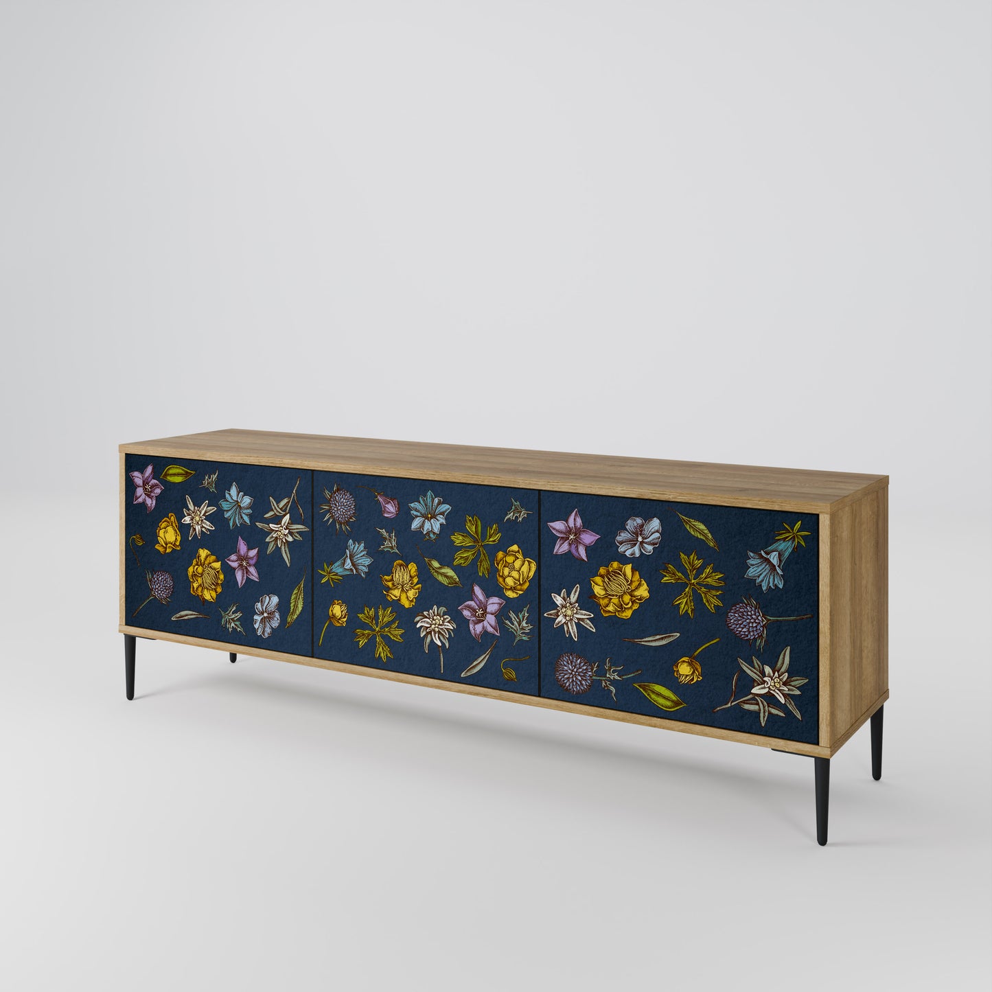 BLOMMOR PÅ MARINBLÅTT TV-BÄNK med 3 dörrar i ekeffekt