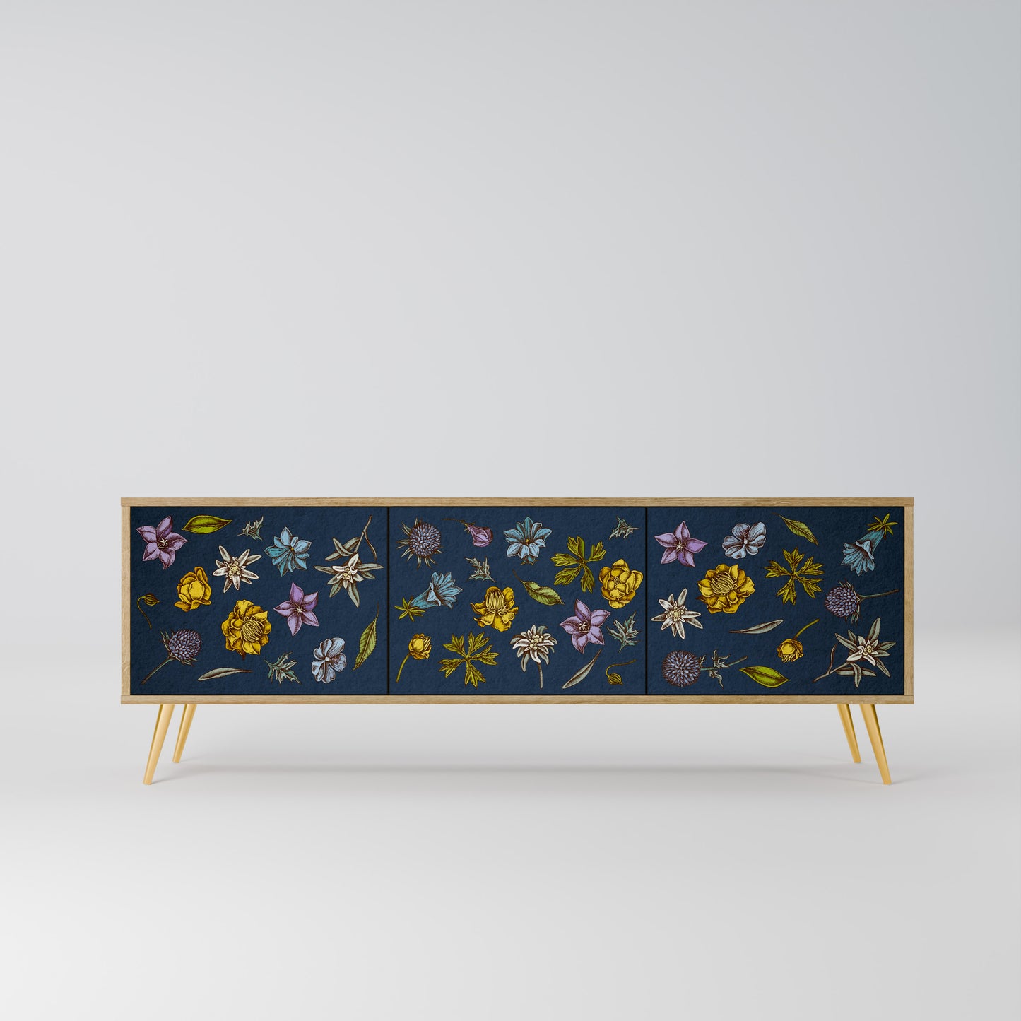 BLOMMOR PÅ MARINBLÅTT TV-BÄNK med 3 dörrar i ekeffekt