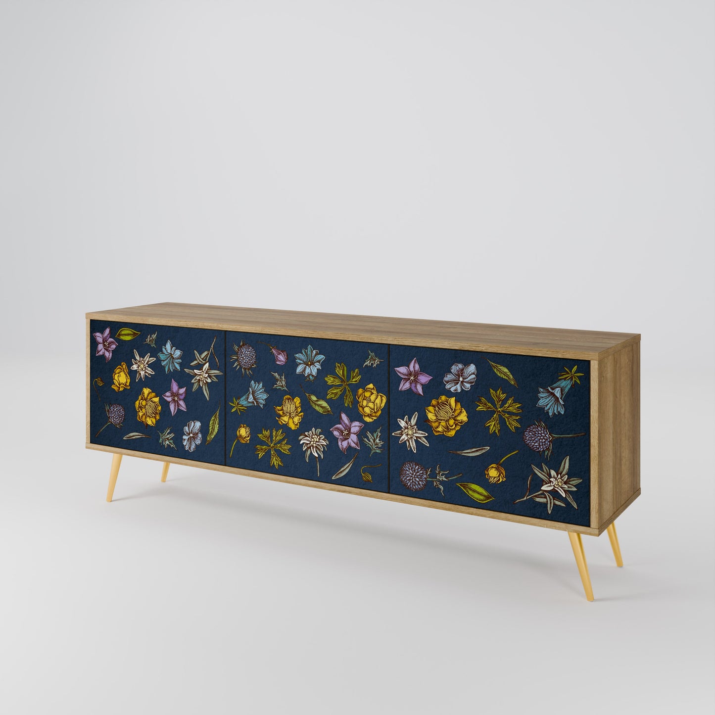 BLOMMOR PÅ MARINBLÅTT TV-BÄNK med 3 dörrar i ekeffekt