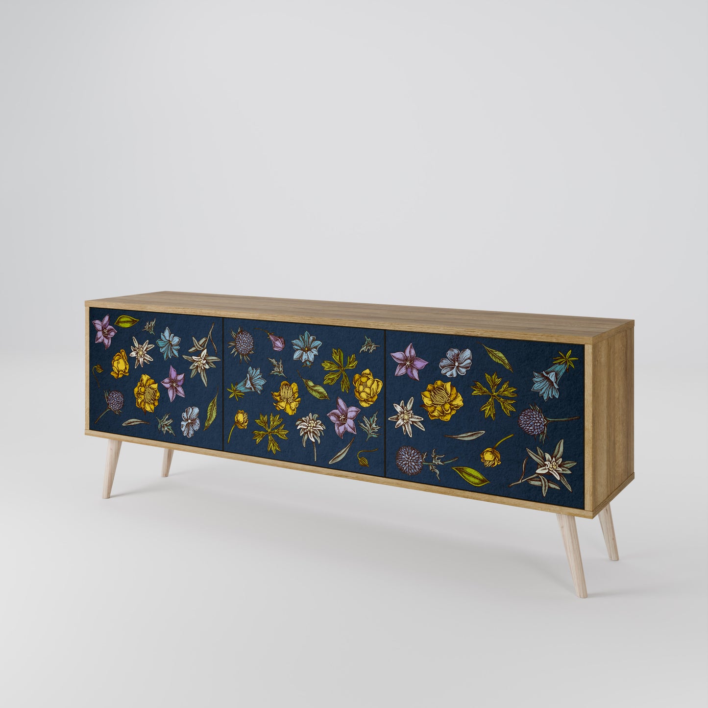 BLOMMOR PÅ MARINBLÅTT TV-BÄNK med 3 dörrar i ekeffekt