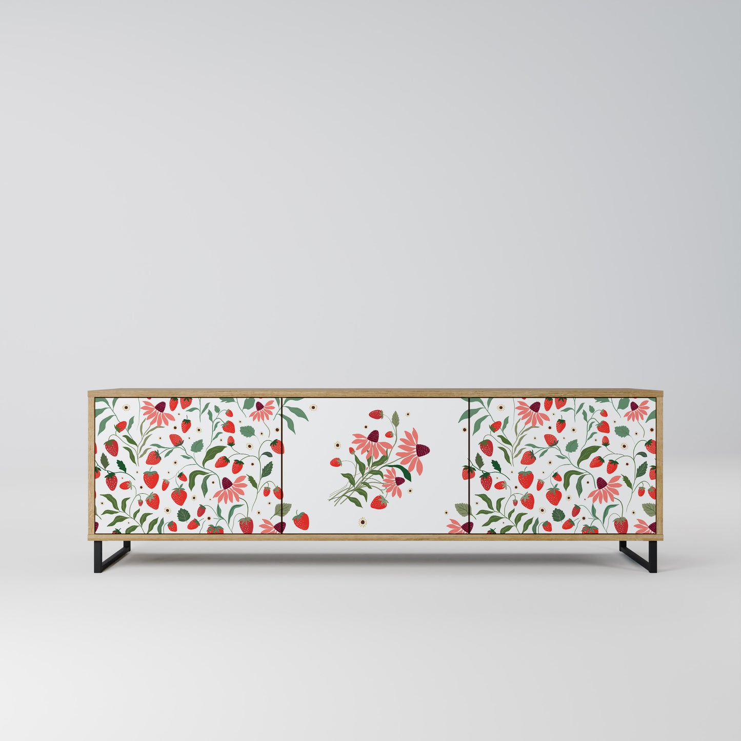 BLOMMOR OCH JORDGUBBAR TV-bänk med 3 dörrar i ekeffekt