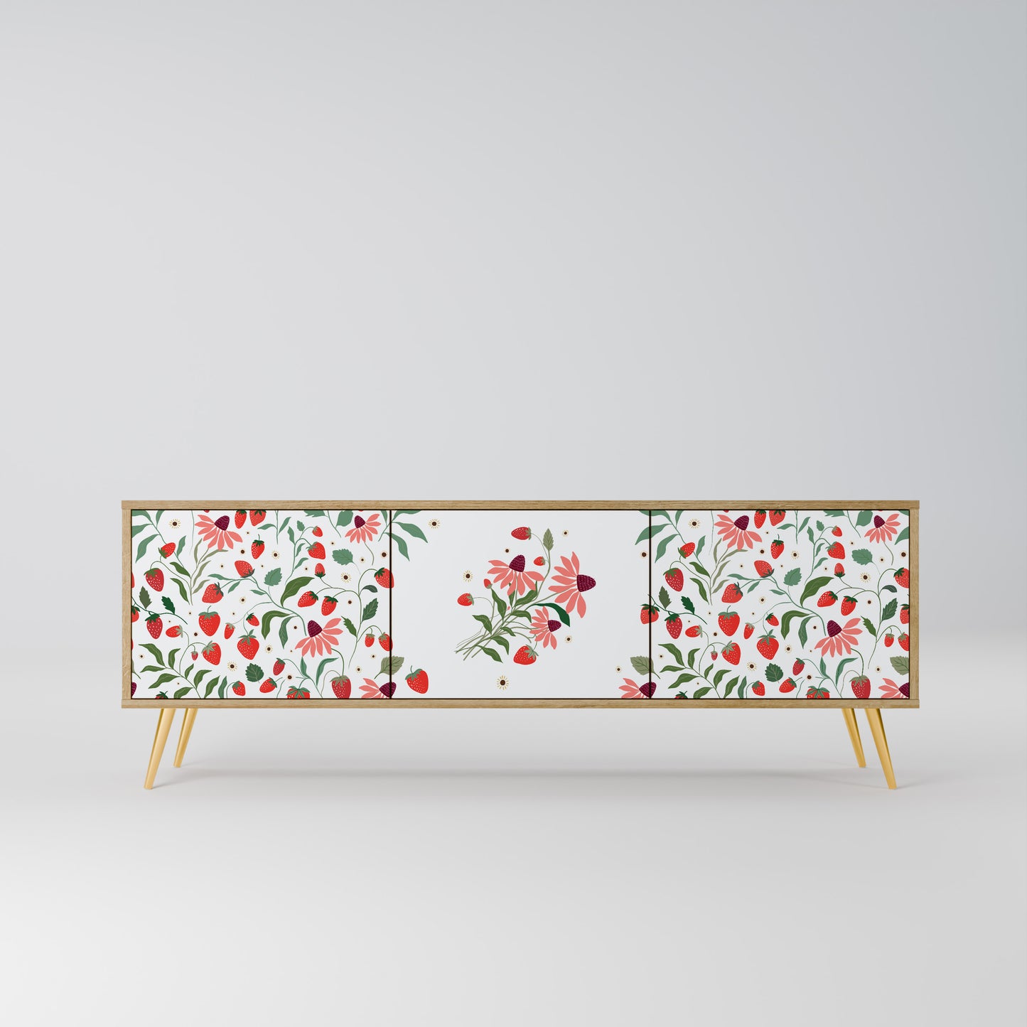 BLOMMOR OCH JORDGUBBAR TV-bänk med 3 dörrar i ekeffekt